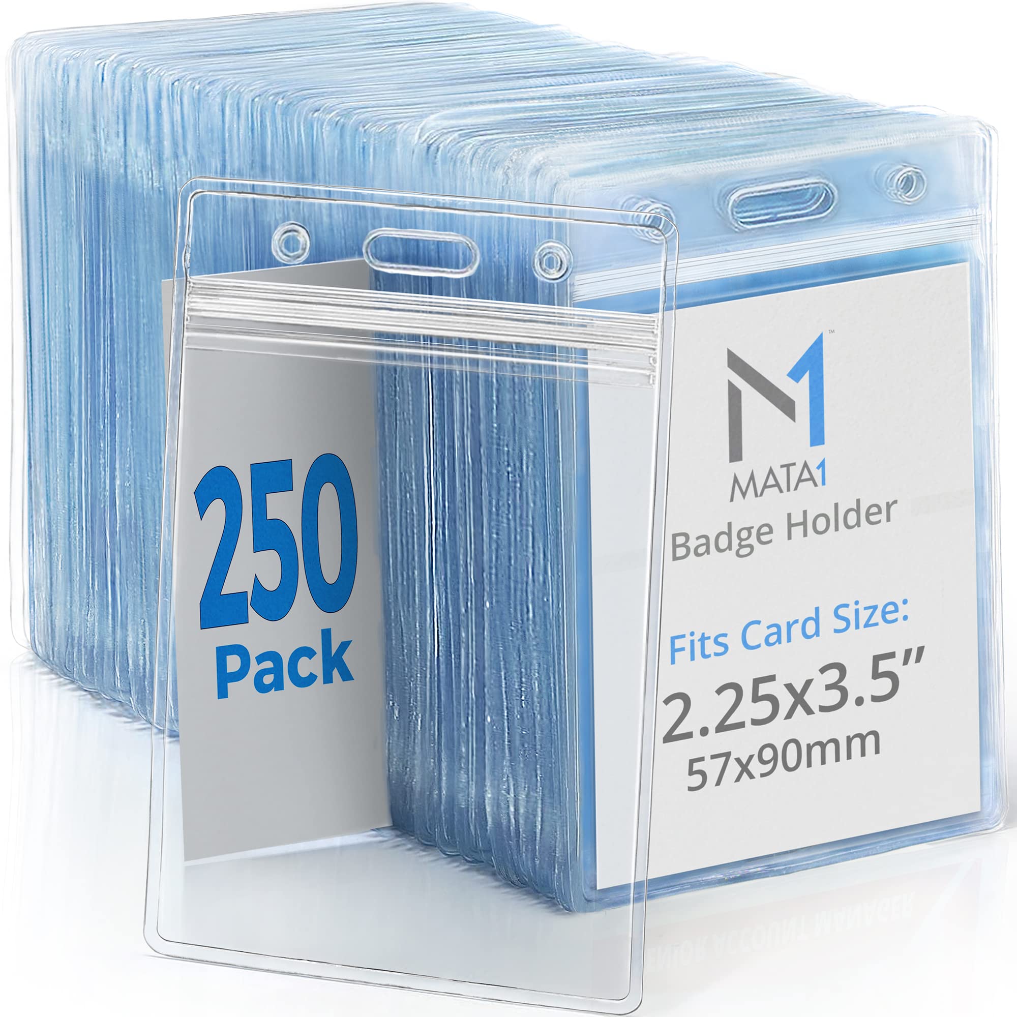 Mata1-USA Vertical ID Name Badge Holder (Clear, 2.25x3.5 Inch, 250 Pack), Plastic Nametag Card Holders with Zipper