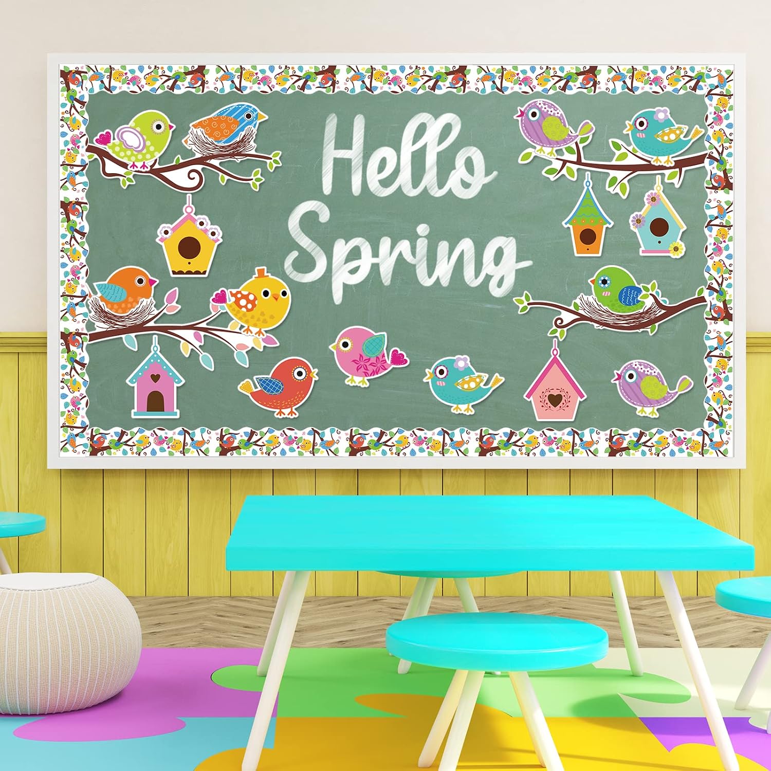 Whaline 56Pcs Birds Bulletin Board Decoration Boho Bird Nest Twigs Cutouts Back to School Colorful Cute Birds Cut-Outs with 100Pcs Glue Points for School Classroom DIY Projects Wall Art Supplies