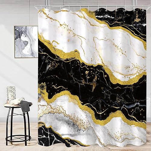 Cortina de ducha de mármol negro blanco y dorado, cortinas de ducha abstractas modernas para baño, arte fresco, bonita cortina de baño impermeable
