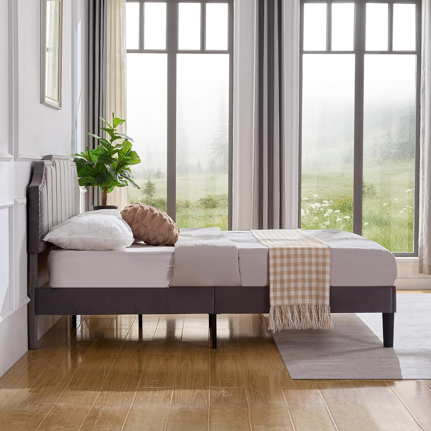 VECELO Full Size Upholstered Platform Bed Frame with Tufted Adjustable Headboard/Mattress Foundation/Wood Slat Support,Easy Assembly,Dark Grey - Image 4