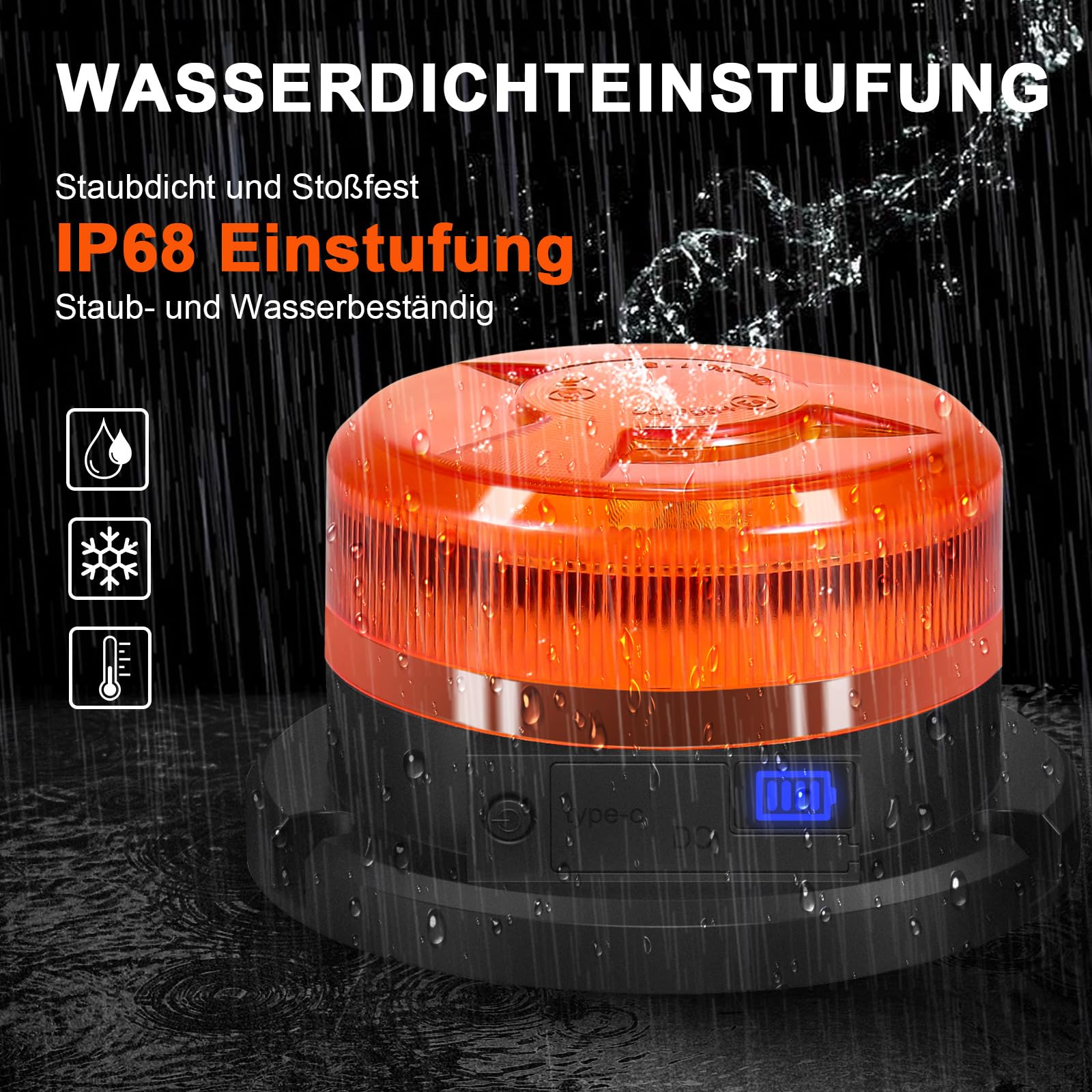 AnTom Rundumleuchte Akku mit Akkustandanzeige 9 Blitzmuster LED Rundumleuchte 12V Magnet Warnleuchte Gelb Autoladekabel und USB-Kabel für Auto Traktor SUV