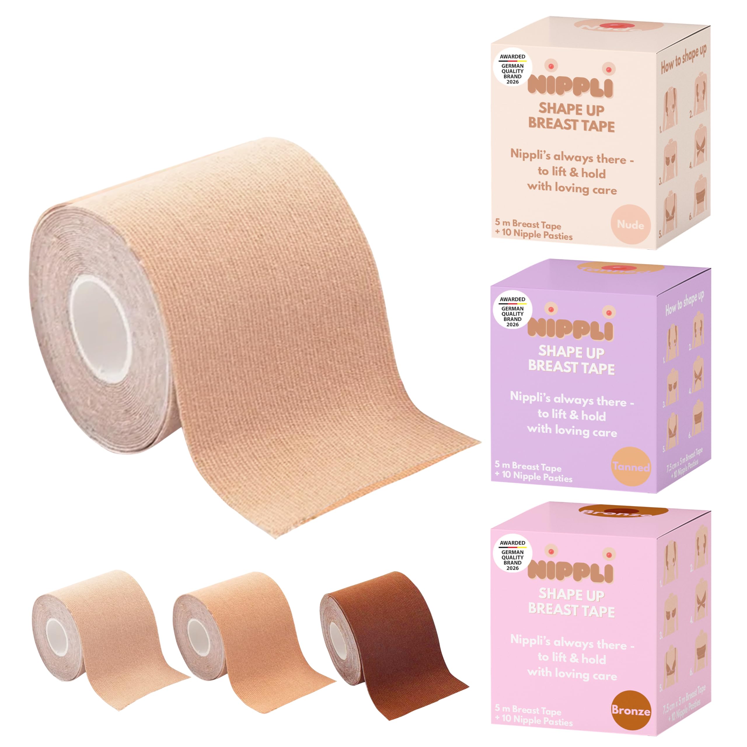 Nippli Shape Up Breast Tape – NippelCover 7,5cm x 5m, inkl. 10 Nipplepads – Brust Tape – für den perfekten Halt ohne BH – Feuchtigkeitsbeständig
