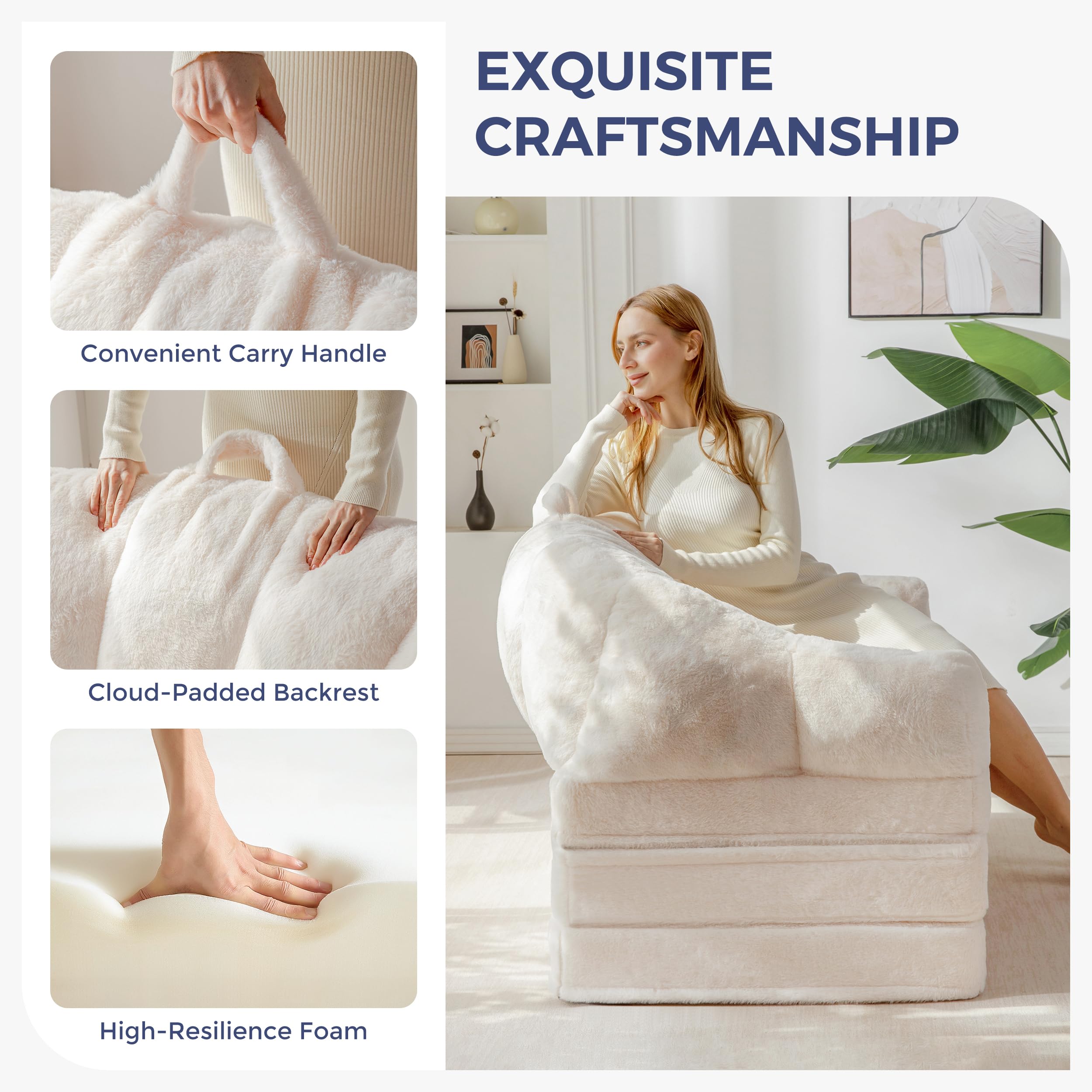 MAXYOYO Folding Sofa Bed, 2 in 1 Convertible Sofa to Lounger | Comfy Loveseat Bean Bag Chair for Adults, Floor Couch with Handle, Faux Fur Couch Bed for Living Room Bedroom, Beige
