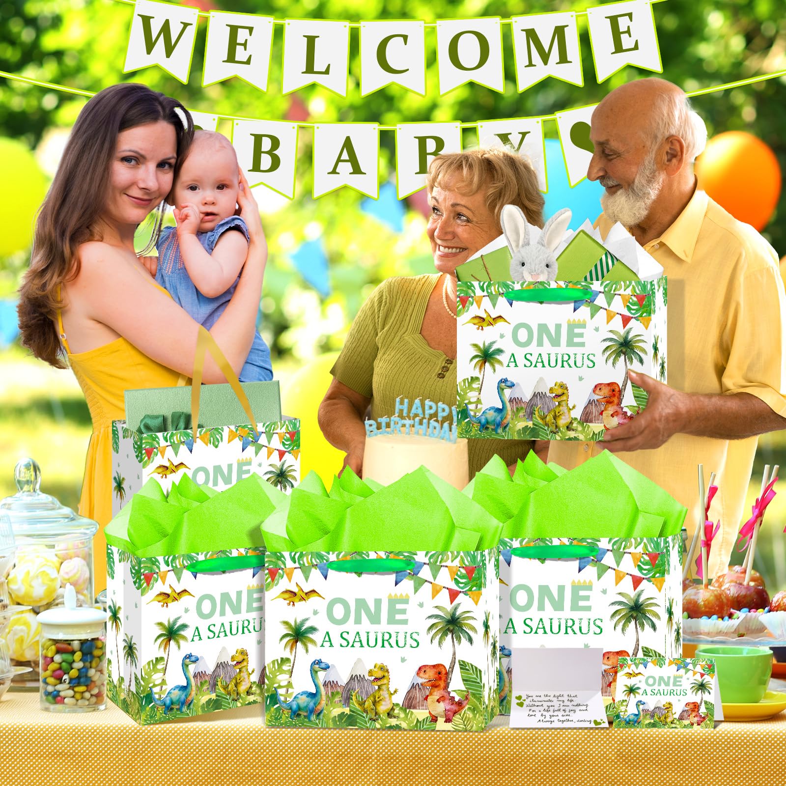Woosytoo Baby Boys 1st Birthday Gift Bag One a Saurus Decorations Dinosaur First Birthday Gift Wrapping Paper Bag with Tissue Paper for Dino One Years Old Party Favor Supplies