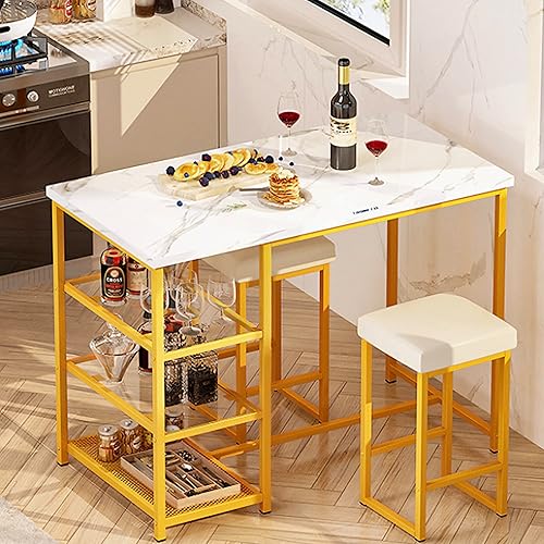 Miniatura 3 de Lamerge Juego de mesa de cocina para 2 isla de cocina con mesa de bar de asiento con almacenamiento mesa de bar de imitación y juego de sillas para