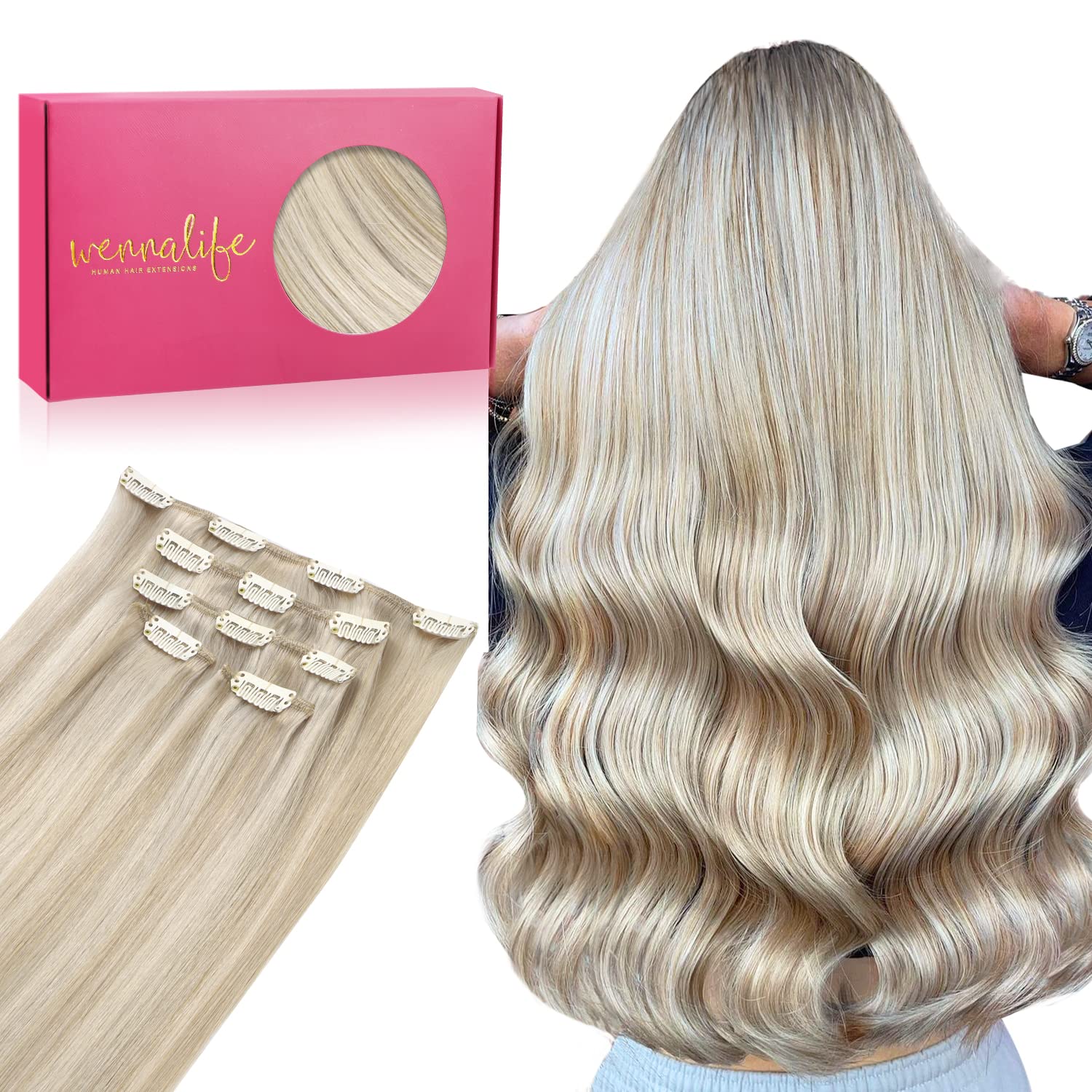 WENNALIFE Przedłużenia z naturalnych włosów z klipsem, włosy ludzkie Remy, 35 cm, 75 g, 5 szt., popielaty blond i platynowy blond