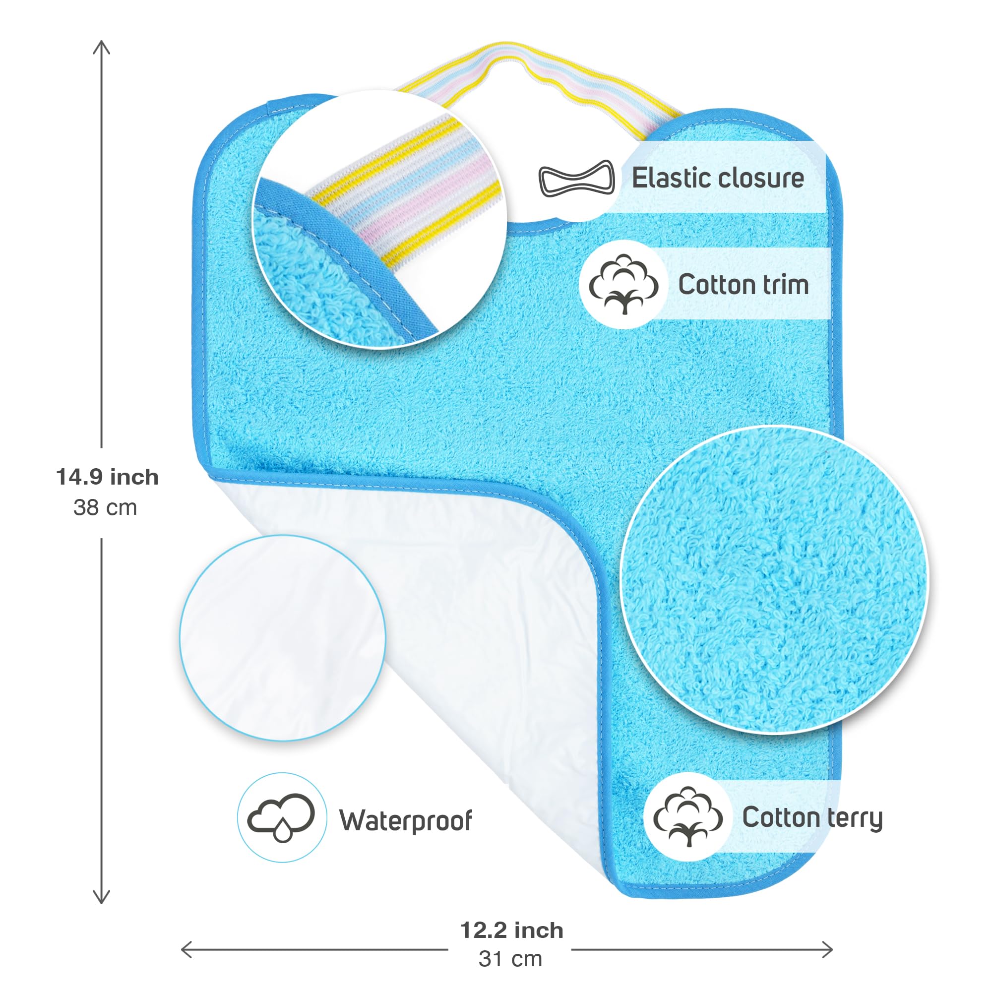 Ti TIN| Lot de 4 Bavoirs Éponges Imperméables| 33x36 cm | 90% Coton 10% polyester - Bavoirs Bébés de plus de 1 an - Fermeture Élastique - Doublure Vinyle - Motif et Couleur unie - 320gr/m²