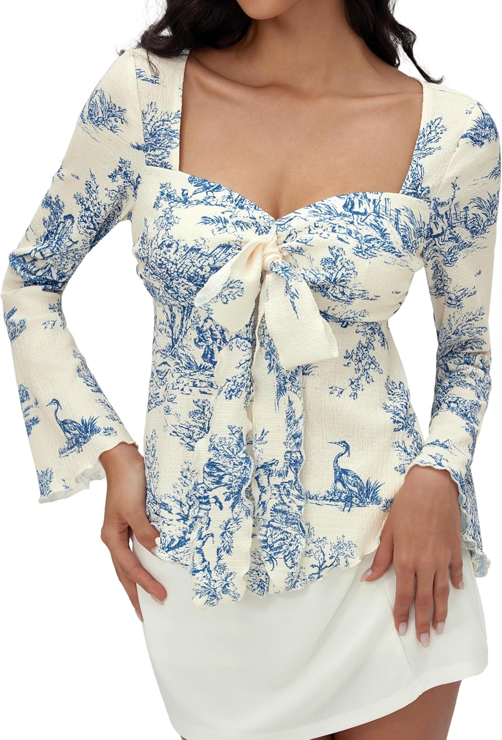 CIDER Cute Going Out Tops for Women Floral Print Flowy Tops Tie Front Long Bell Sleeve V Neck Y2K Top Trendy Fall Spring - Image 4