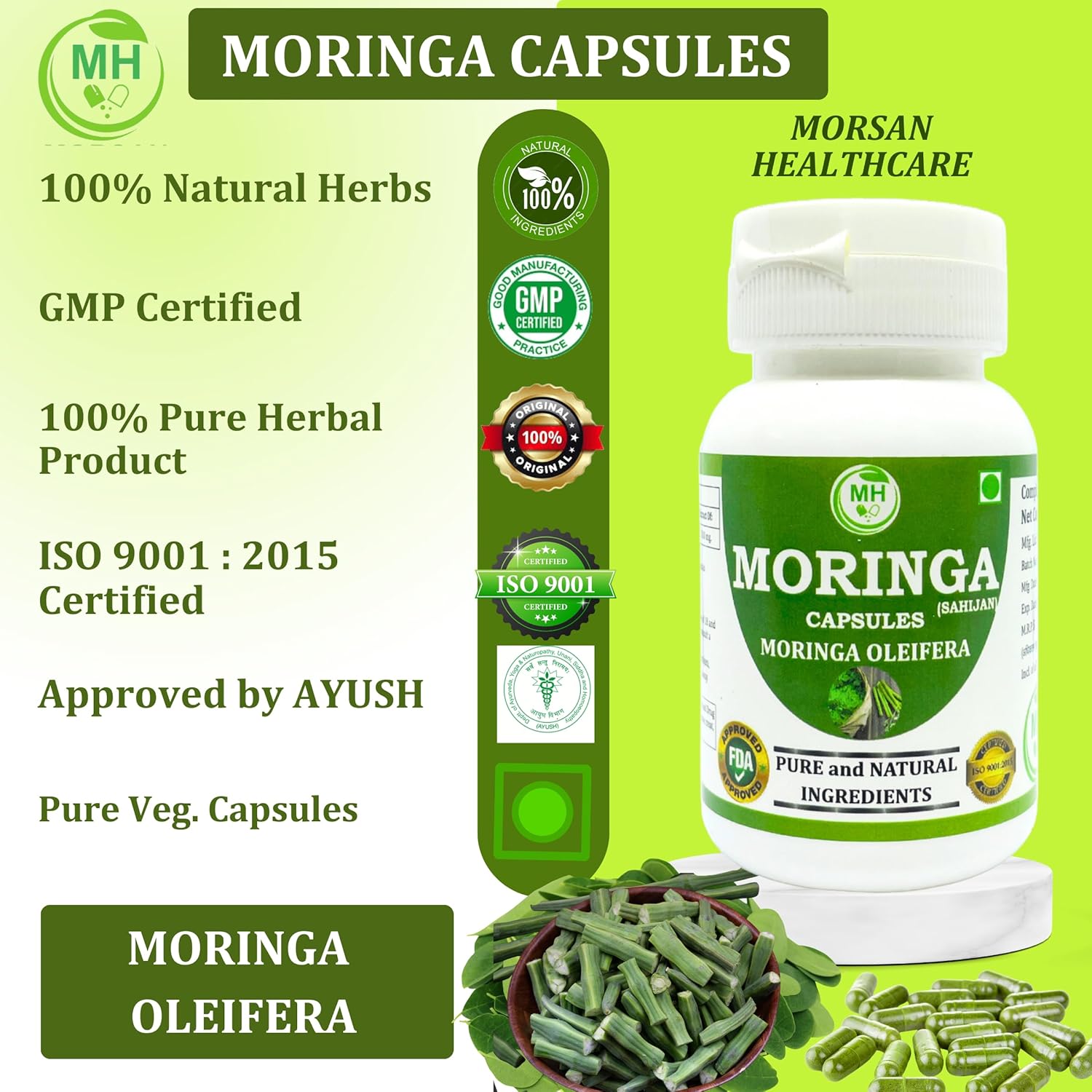 Organic Moringa Capsules | 240 Vegan Capsules | Pure Moringa Leaf Powder | Natural Plant-Based Superfood Supplement | Non-GMO, Gluten-Free, Lactose-Free, No Additives