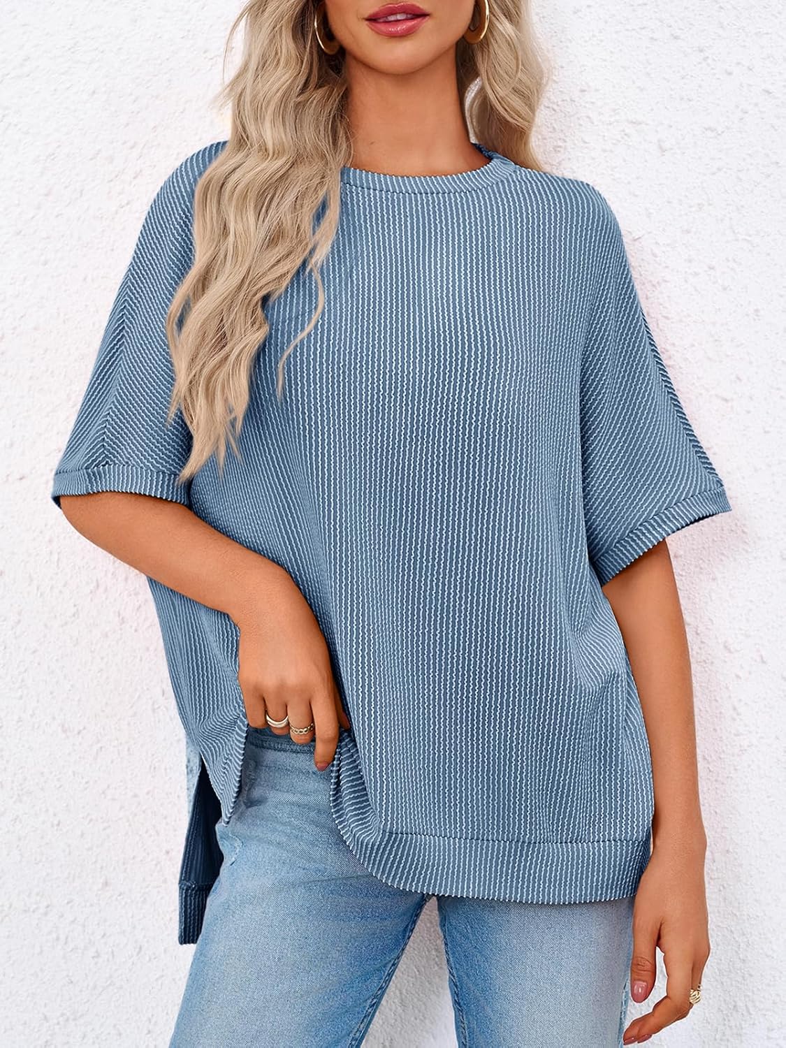 Tankaneo Womens Oversized T Shirts Summer Casual Ribbed Batwing Short Sleeve Tunic Tops Loose Fit Dolman Sleeve Tees - Image 2