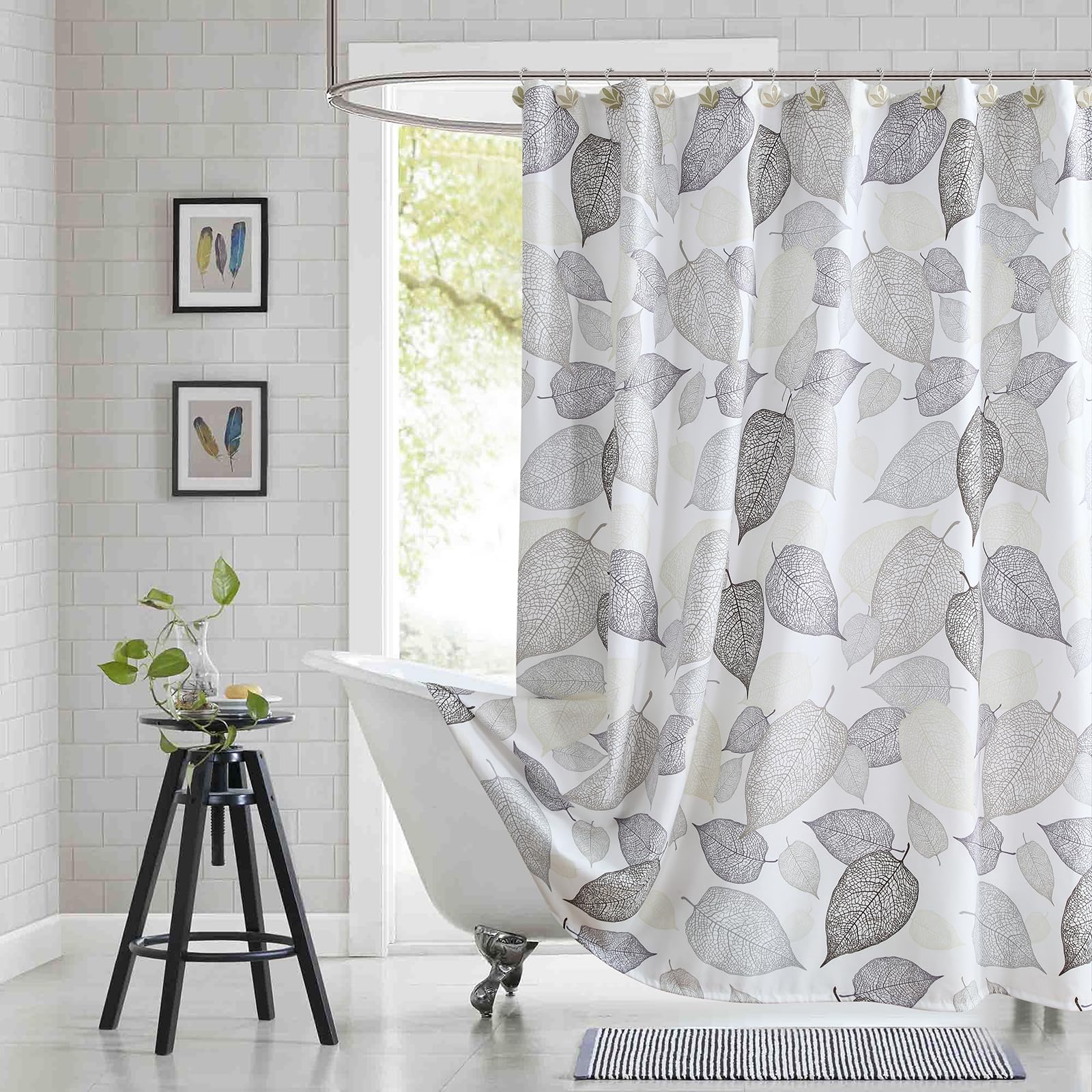 BESTRIPES Fabric Shower Curtain, Modern Leaf Print Waterproof Bath Curtain with White Background & Beige Grey Brown Leaves Design, 72" W x 72" H