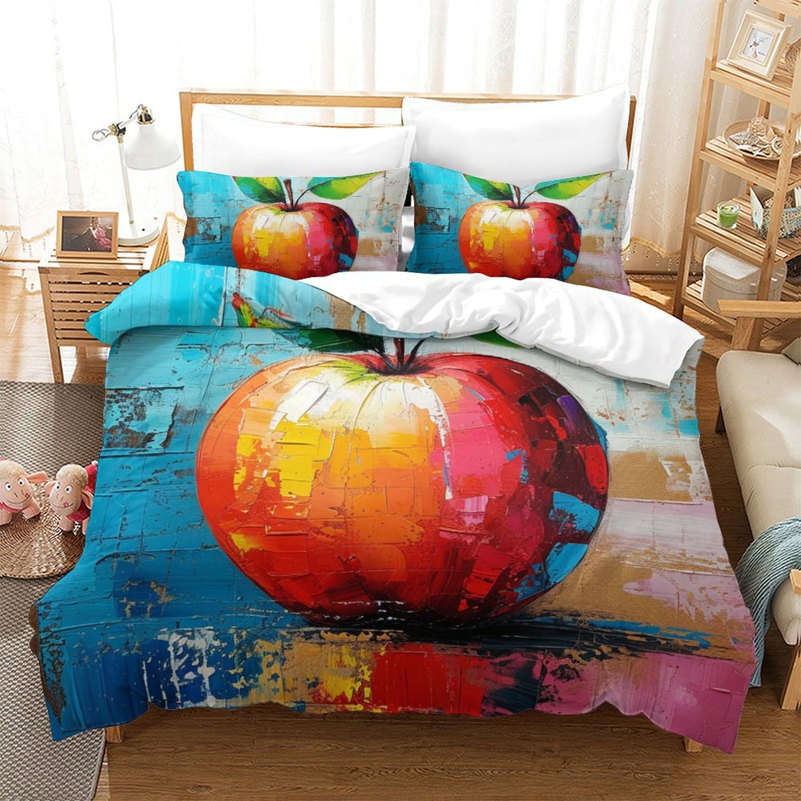 Parure couette microfibre anti-plis imprimé pomme 3D pour lit double