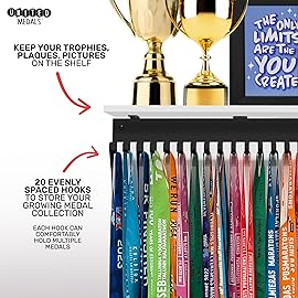 United Medals NEW Sport Medal hanger display with White Bamboo Shelf | Medal Display Rack Frame | Race Medal holder Awards Wall Mount | Running, Soccer, Wrestling, Marathon, Gymnastics, Swimming