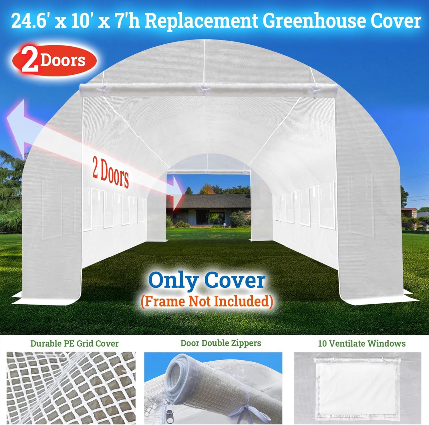 YardGrow 2-Doors Replacement Greenhouse Cover for Larger Walk in Outdoor Yard Plant Gardening Hot House, Cover ONLY (24.6'x10'x7', White)