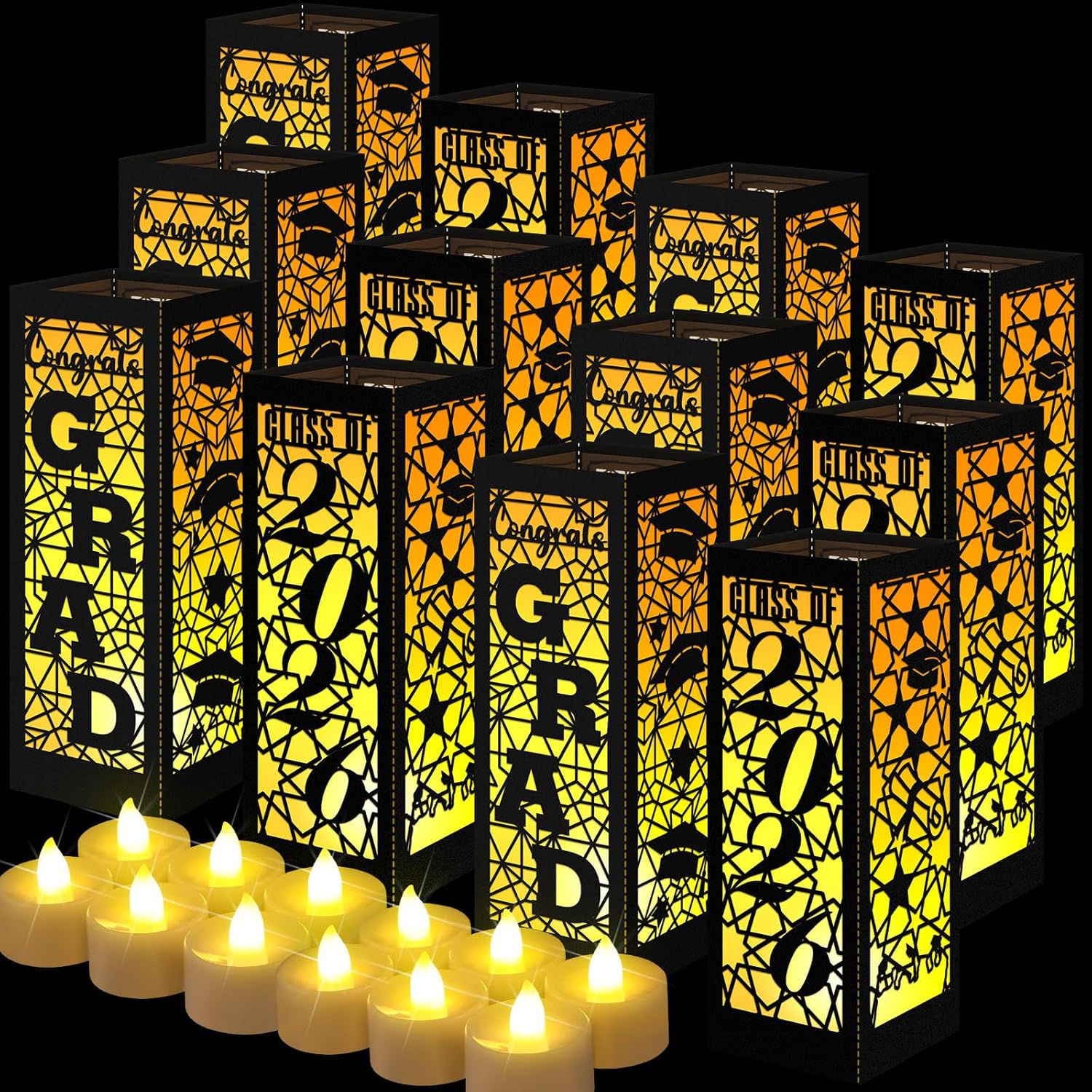 Rossesay 12 Pcs Graduation Table Centerpieces Boxes Class of 2026 Graduation Lanterns for Centerpieces with LED Candles Congrats Grad School College Photo Props for Party Table Decoration (Black)