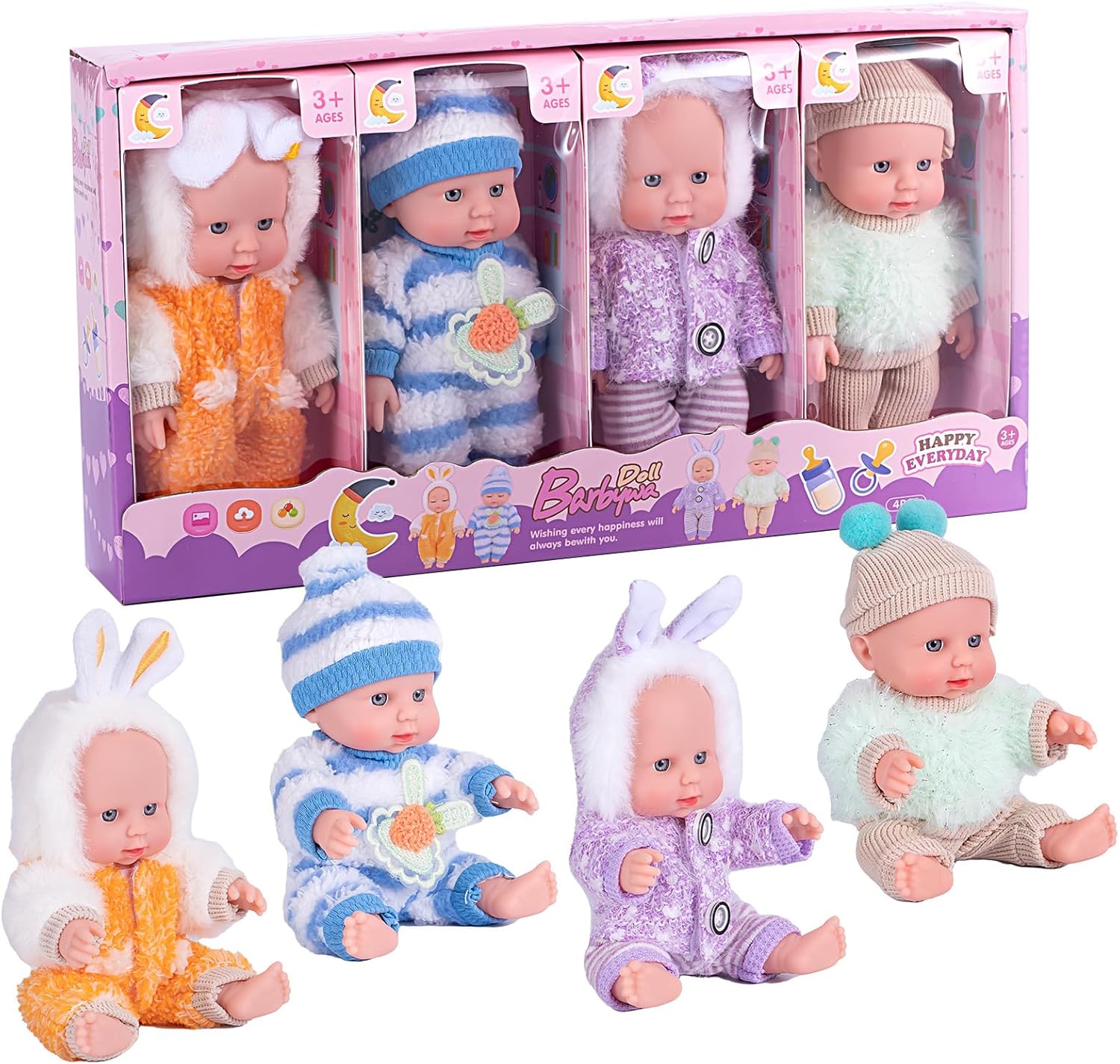Vueos 4 Pcs 7 Inch Baby Doll Playset with 4 Adorable Clothes, Mini Reborn Baby Dolls Nursery Toys for Toddlers Girls Kids 3+