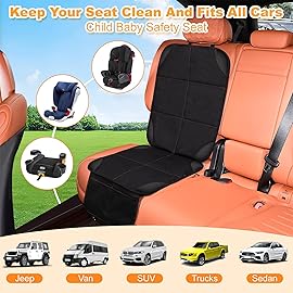 Car Seat Protector, Large Auto Protector for Child Seats with Thickest Padding and Non-Slip Backing Mesh Pockets for SUV, Sedan, Truck, Leather and Fabric - Black