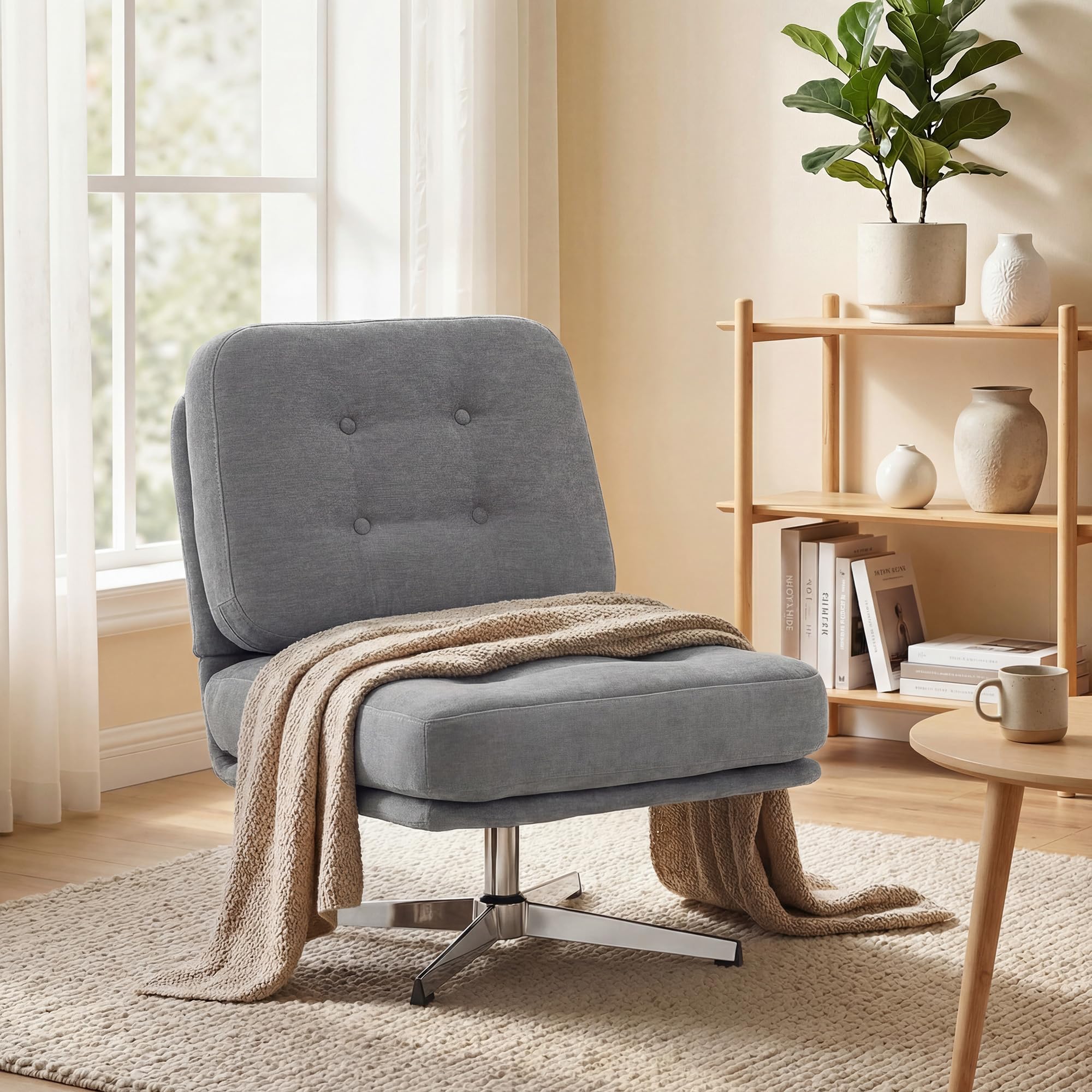 HOMCOM Sessel 360° Drehbarer Loungesessel mit Chenille-Optik, Breiter Sitzfläche, Schneidersitz Polsterstuhl mit Metallbeinen, Gepolstert Relaxsessel Lesesessel für Wohnzimmer, Schlafzimmer, Hellgrau