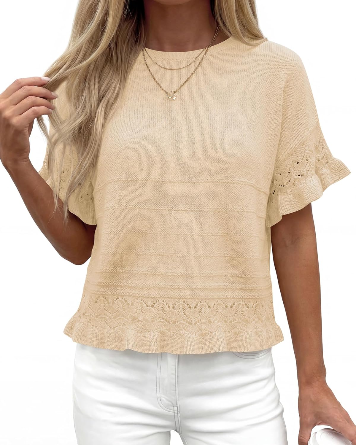 KIRUNDO Short Sleeve Sweater for Women 2026 Spring Summer Tops Crochet Round Neck Ruffled Hem Knit Pullover Casual Blouse - Image 5