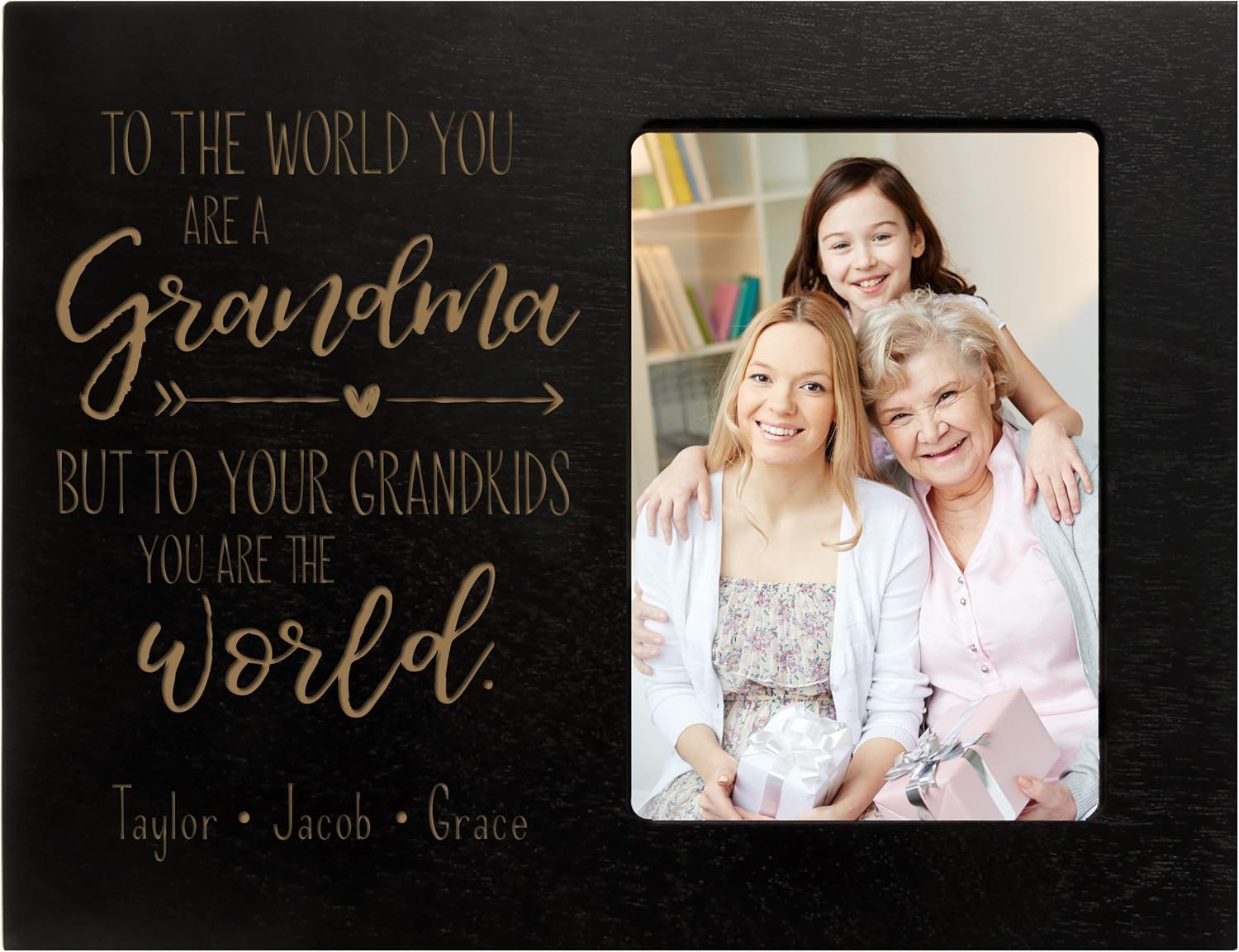 LifeSong Milestones Personalized from Son, Grandson, Nephew Solid Wood Vertical Frames Family Keepsake 8”x10” Holds 4”x6” Photo Grandma to The World (Black)