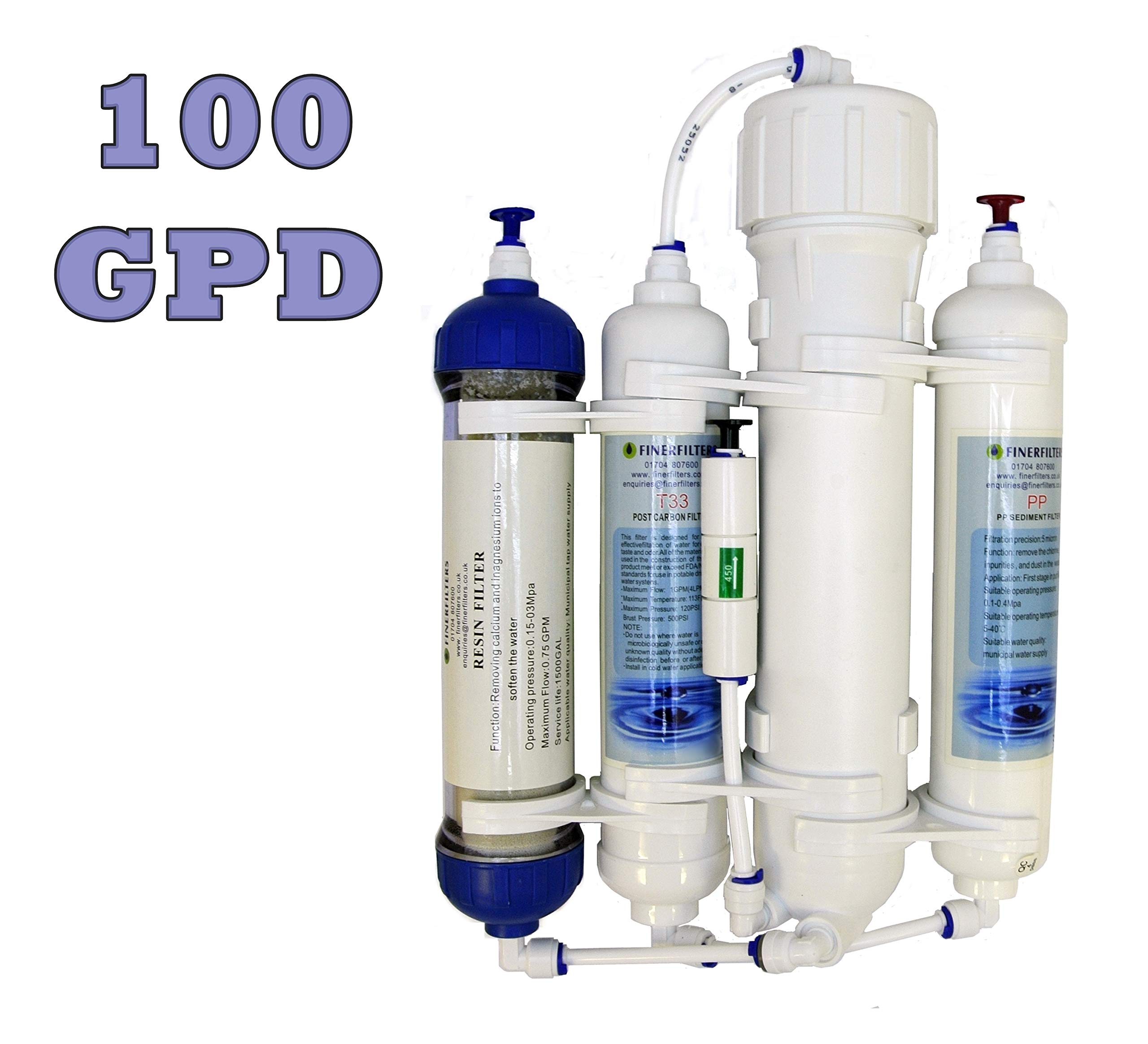 Finerfilters Filtre d'osmose inverse compact de 4 étapes avec la résine DI/tropical/marine/discus 50/75/100/GPD
