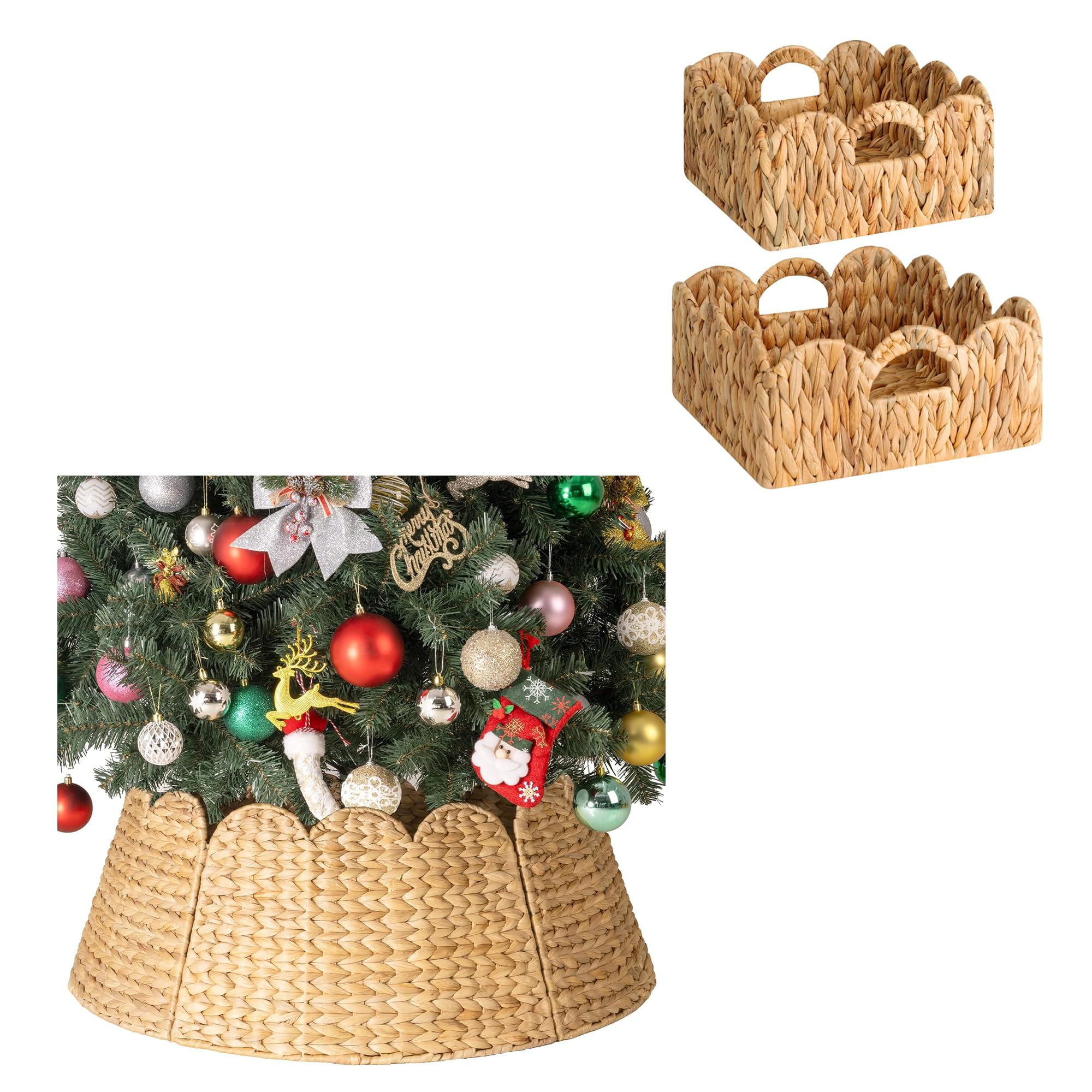 StorageWorks 28" Scalloped Christmas Tree Collar, Scalloped Wicker Basket, Nursery Basket with Handles
