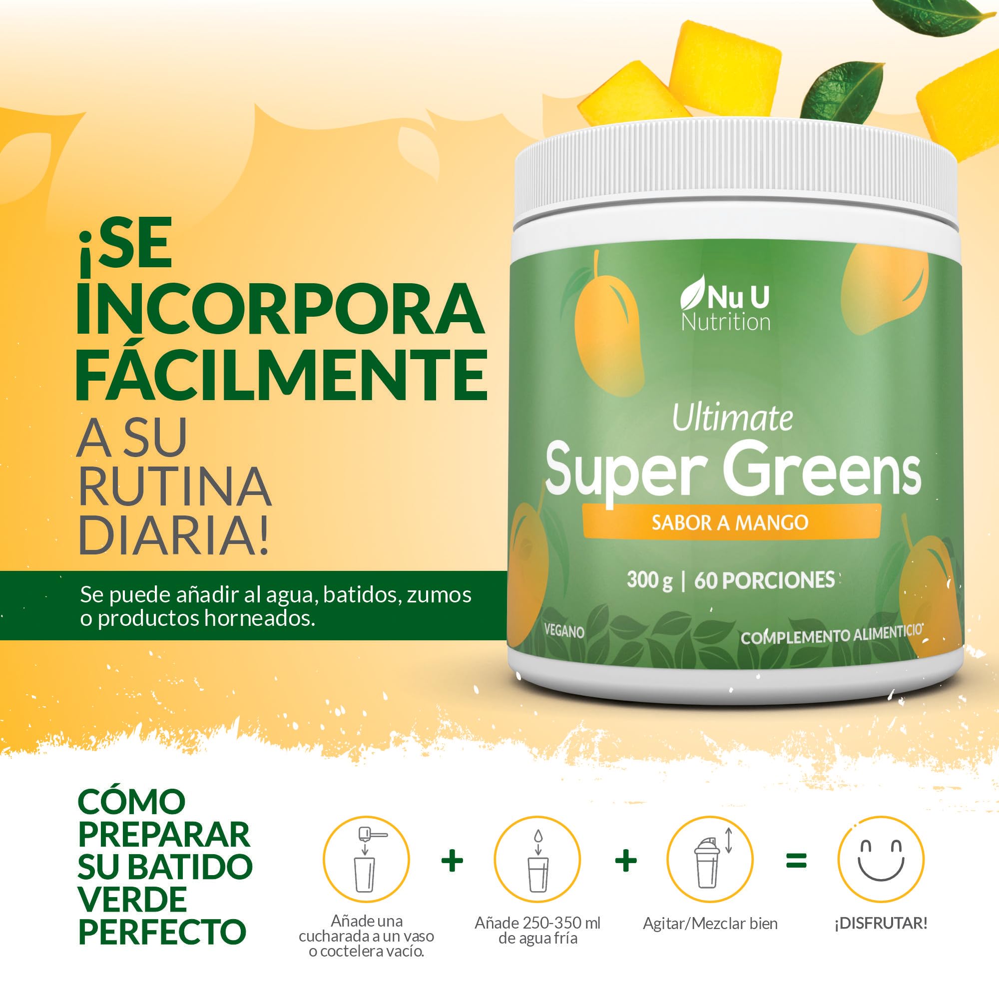 Super Greens | Mango | Polvo de Jugo Verde 300 g - 17 Ingredientes Superalimentarios Activos - 60 Porciones - con Inulina, Espirulina, Clorela, Raíz de Maca y Más - 100% Vegano - Nu U Nutrition