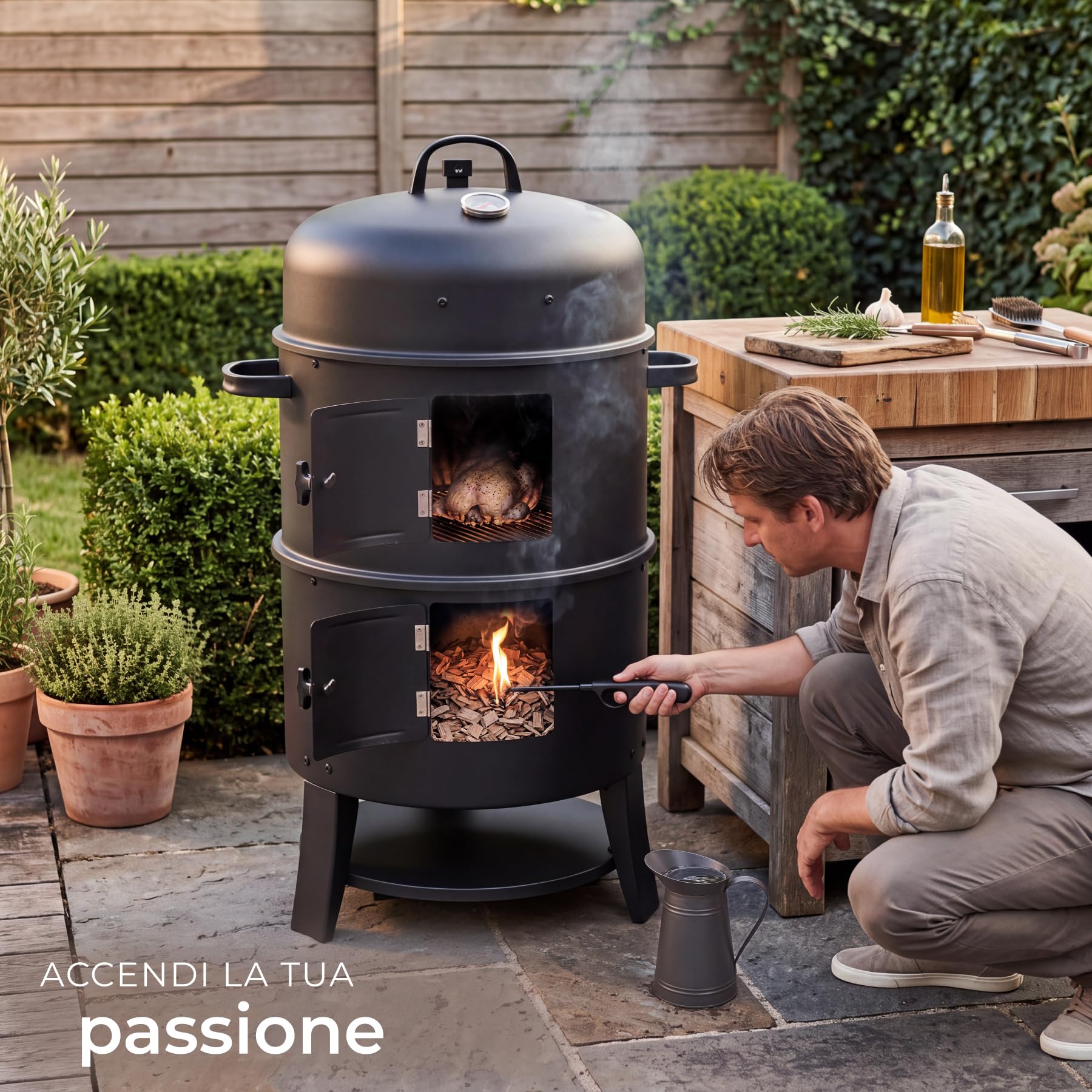 tectake® Affumicatore a Barile Ø 41 cm, 3 in 1, 2 Roste, Con Termometro | Affumicatore da Giardino per Grigliare, Affumicare, Cuocere, Sfiato Regolabile, Griglia Carbonella, Vaschetta Acqua - Nero