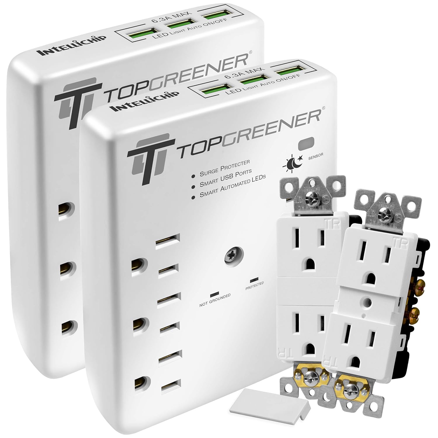 TOPGREENER 6-Outlet Wall Mount Surge Protector Wall Tap, 900 Joules Surge Suppressor, 6.3A USB Ports, Auto Sensor LED Guide Light, 15A 125V Receptacles, TGSP615P68A, White, 2 Pack TOPGREENER 6-Outlet Wall Mount Surge Protector Wall Tap, 900 Joules Surge Suppressor, 6.3A USB Ports, Auto Sensor LED Guide Light, 15A 125V Receptacles, TGSP615P68A, White, 2 Pack