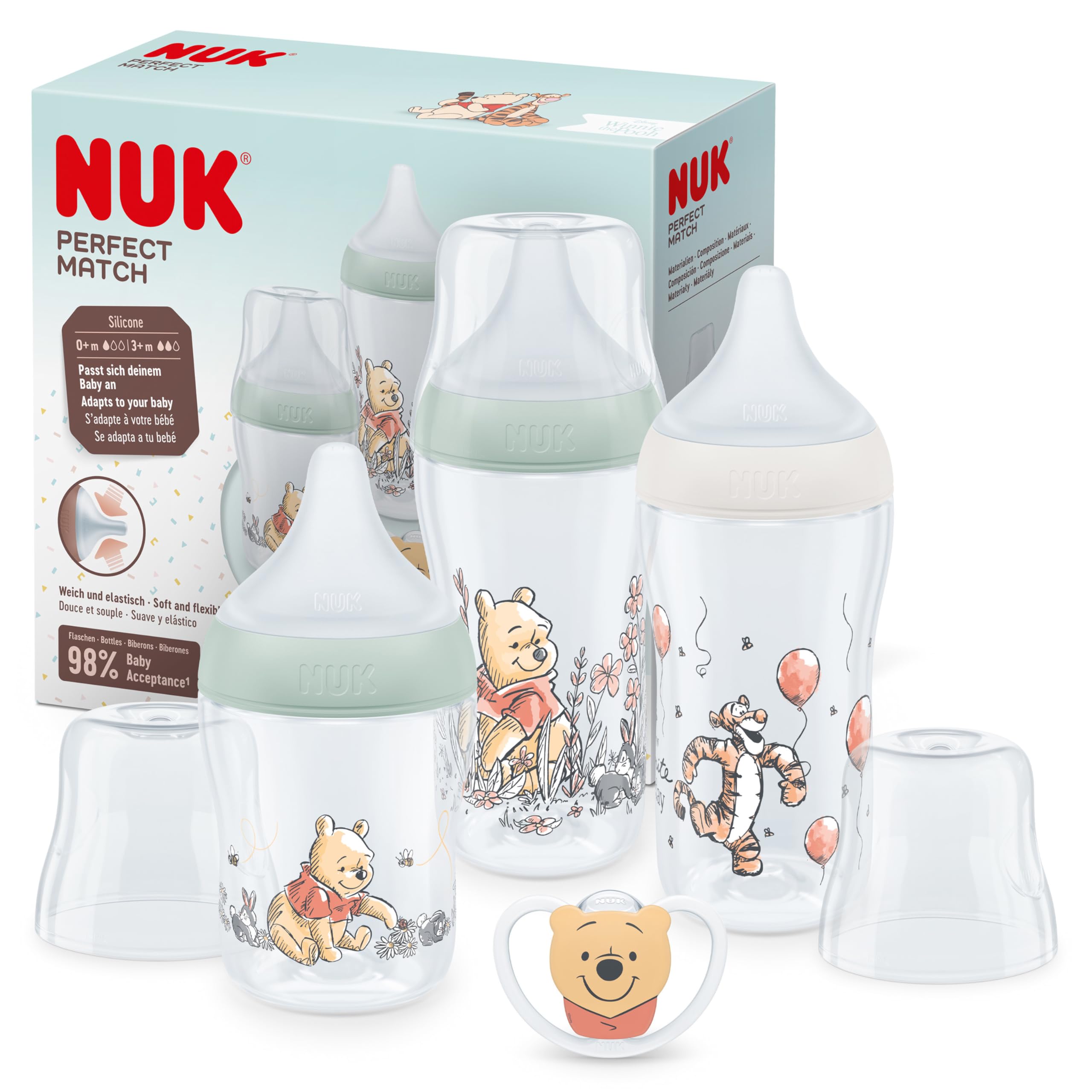 Conjunto de biberões Perfect Match da NUK | +0-6 meses | Adapta-se ao bebé como o peito da mãe | 3 biberões anticólico e chupeta Space | Winnie the Pooh da Disney | 4 unidades.