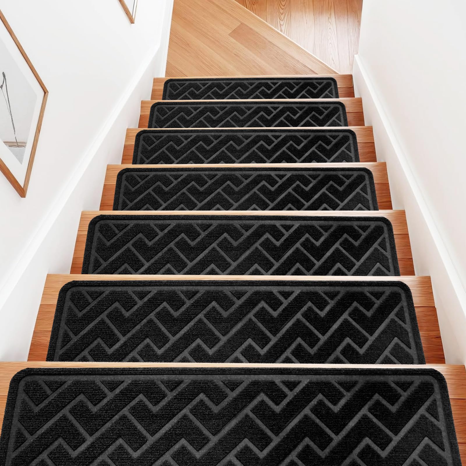Dayacoco Carpet Stair Treads Non Slip for Wooden Steps, 20.3 x 76 cm (15-Pack) Carpet Stair Treads Made of Polyester and Reusable Adhesive, Stair Runner Rugs for Kids, Elders and Pets Black