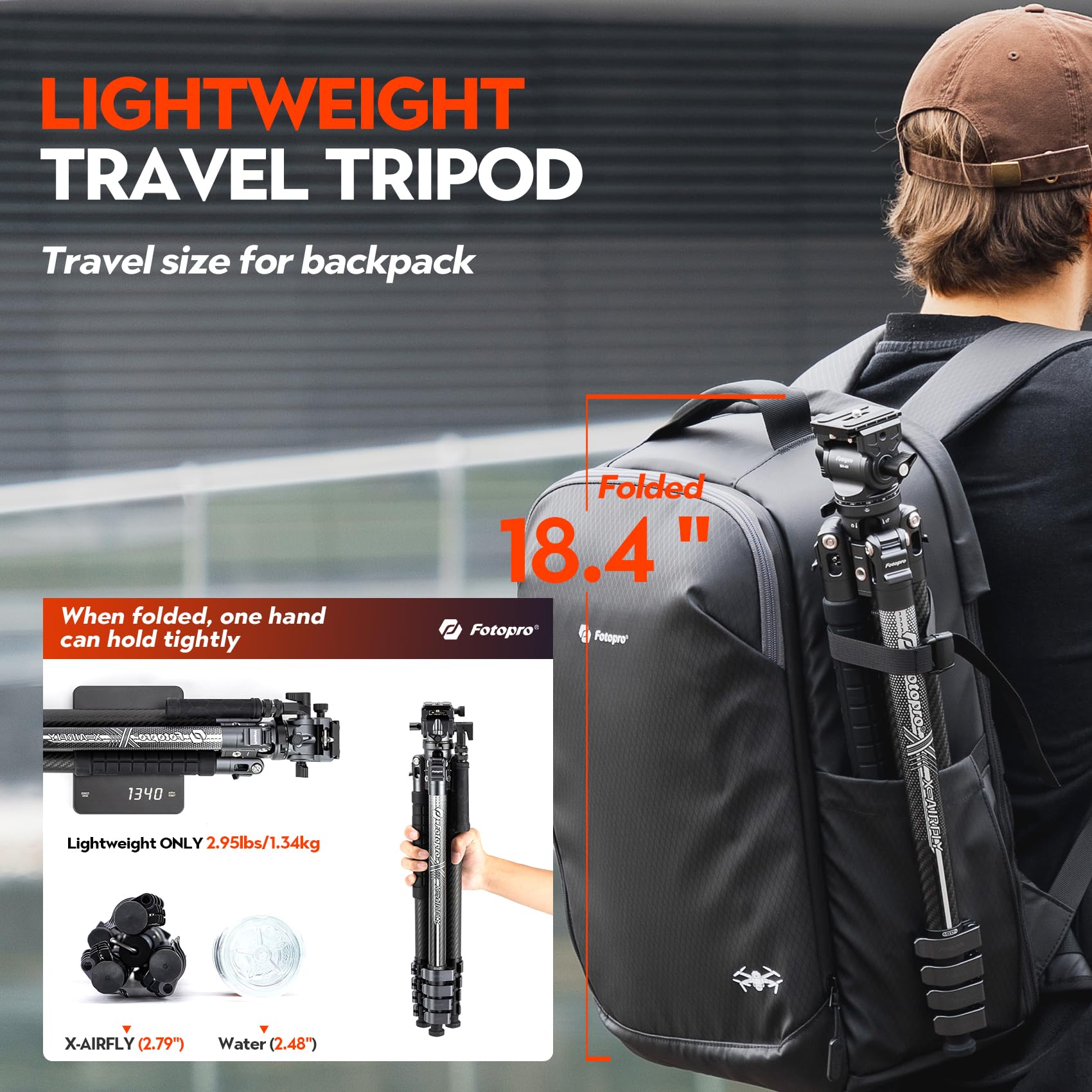 Fotopro X-AIRFLY Video 164 cm Trípode Vídeo Carbono – Tubos 25 mm, Rótula 30 mm + Cabeza Fluida, Carga 4,5 kg, Cierre Metálico, Trípode Vídeo Pro, Gris