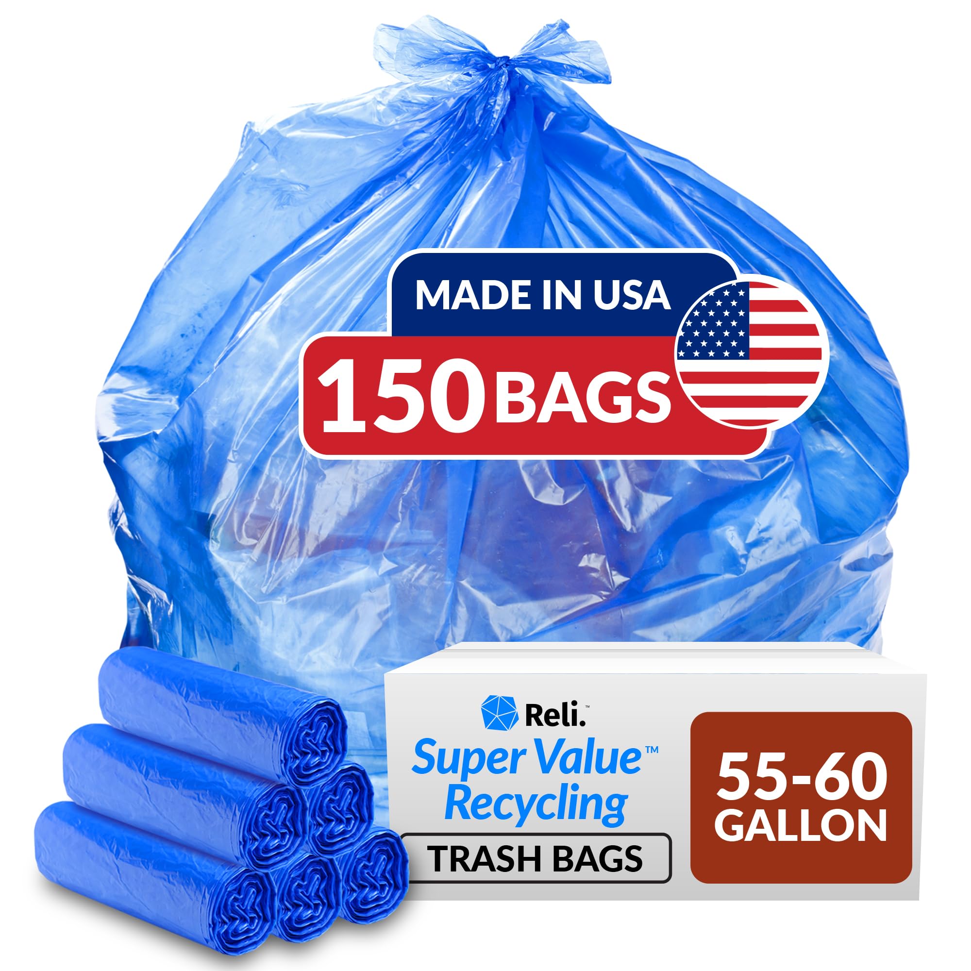 Reli. SuperValue 55-60 Gallon Recycling Bags | 150 Count | Blue Trash Bags | Made in the USA