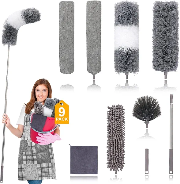 DEEHYO Microfiber Duster for Cleaning Fan, High Ceiling, Blinds, Furniture, Cars , 9PCS Extendable Feather Duster (Stainless Steel) 30 to 100 Inches, Reusable Bendable Washable