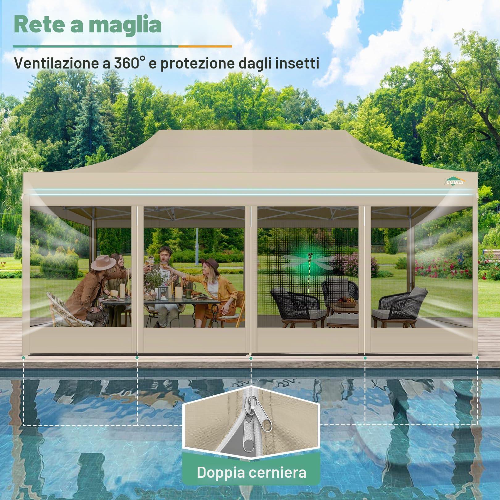 COBIZI Gazebo pieghevole 3x6 m con zanzariere, impermeabile e stabile