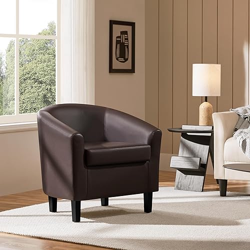 Miniatura 2 de Yaheetech Silla de club de cuero, silla decorativa de piel sintética, sillón moderno para sala de estar con patas de madera y asiento acolchado para