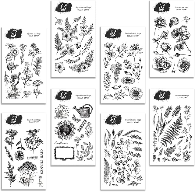 8 Sheets Clear Stamps, Vintage Plants and Flowers Silicone Stamps for for Cards Making Decoration and Scrapbooking Rubber Stamps for Craft