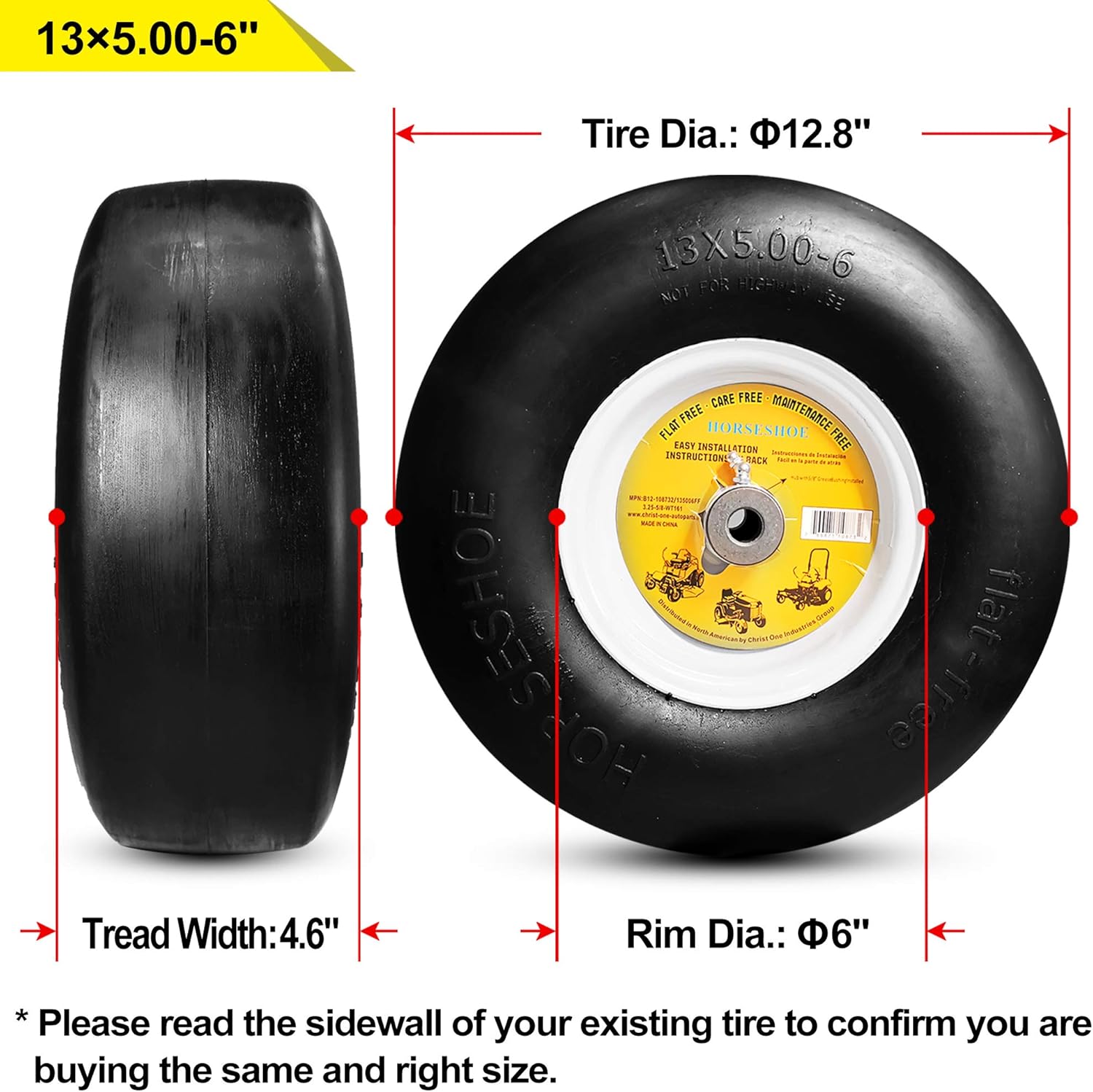 Horseshoe (2-Pack) Commercial Solid 13x5.00-6 Flat-Free Lawn Mower Smooth Tires with Steel Rim, Fits 36-68"deck Lawn Mowers & Gardon Tractor, Bore φ5/8" & Hub 3.25-5.9"