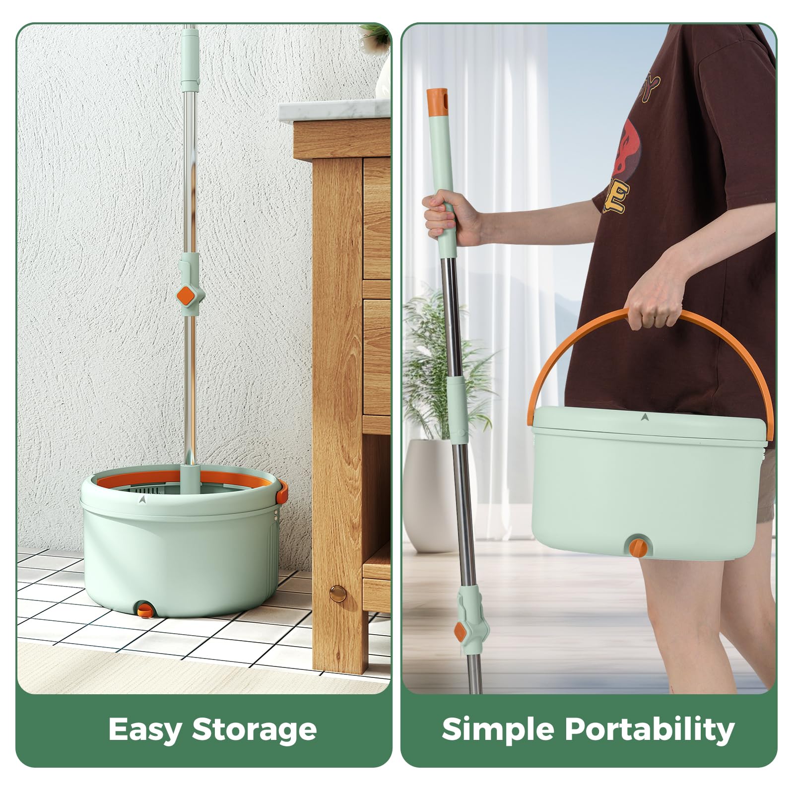 GIANTEX Juego de fregona con cubo centrifugado, fregona de microfibra con cabezal giratorio 360°, 2 paños de microfibra, mopa para aplicación en seco y húmedo (verde+2 paños de mopa)