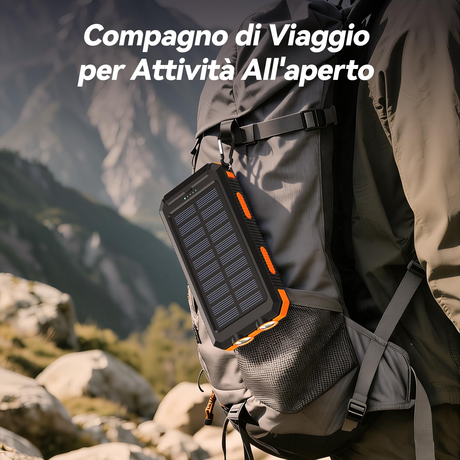 Vikeri Powerbank Solare da 26800 mAh, Power Bank Solare Impermeabile, Porta USB-C per Ricarica Rapida, con 4 uscite, per Smartphone, Tablet, ecc. (Arancione intenso)