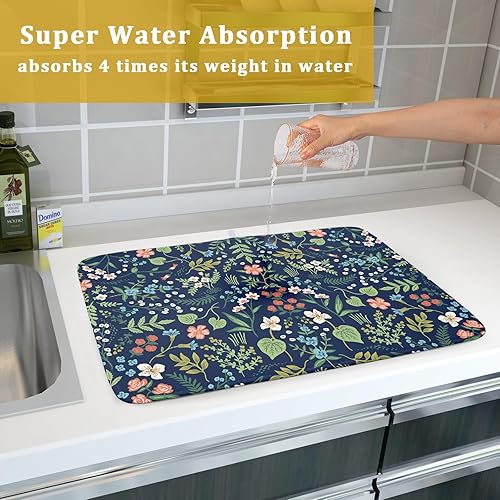 Miniatura 7 de Tapete de secado de platos de flores florales de 18 x 24 pulgadas, tapete de secado de microfibra azul marino con lazo para colgar, tapete