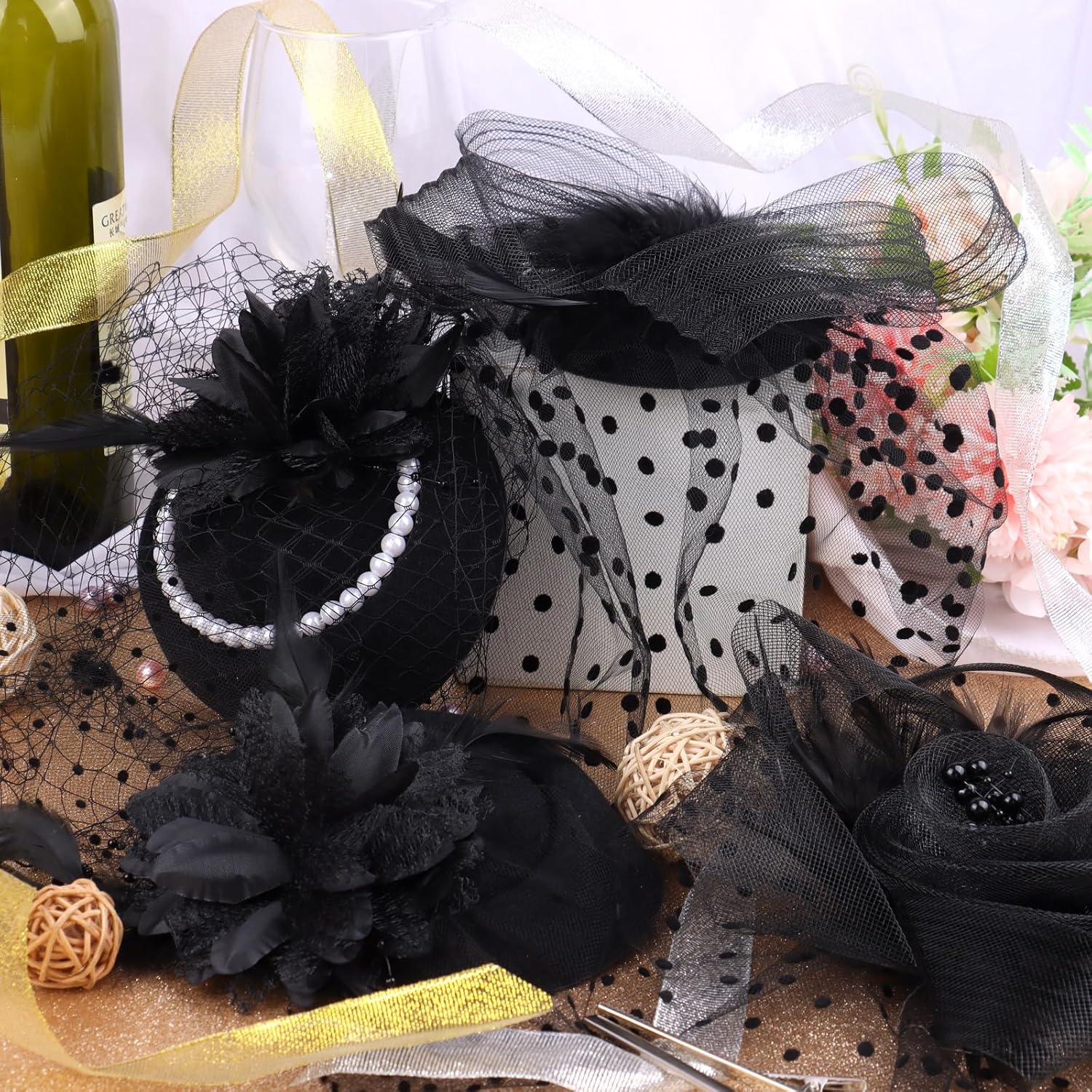 10 Sets Fascinator Hats Flower Mesh Feathers Headwear Black Funeral Veil Hats Hair Clips with 10 Pcs Hairbands for Girls and Women Tea Party Wedding Cocktail Formal Events Supplies