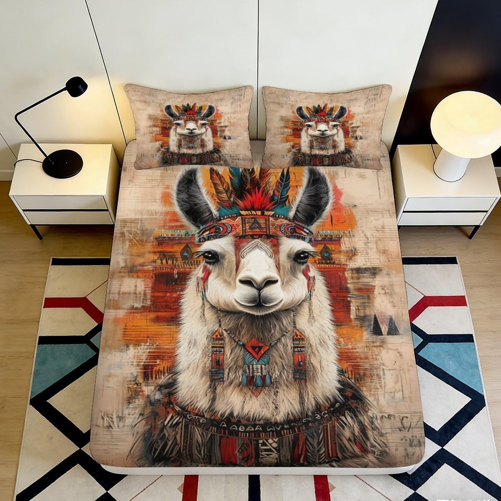 3D Printed Tribal Llama Fitted Sheet Microfiber Deep Pocket Elastic Hem Bedroom Bedding Llama Mattress Fitted Cover 120x200x25cm