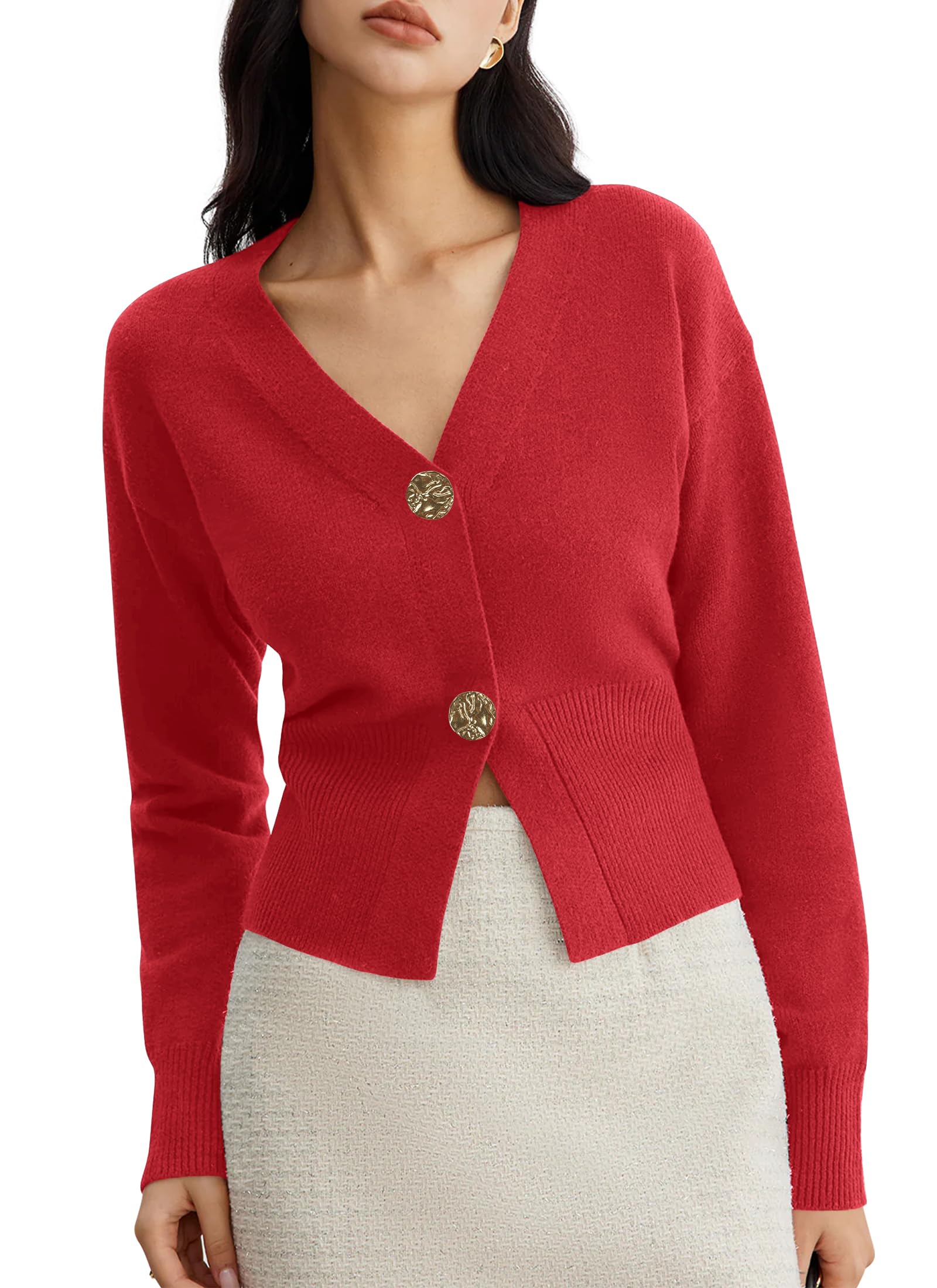 Women V Neck Cropped Cardigan Sweaters Fitted Long Sleeve Spring Button Up Knitted Cardigans Shrugs