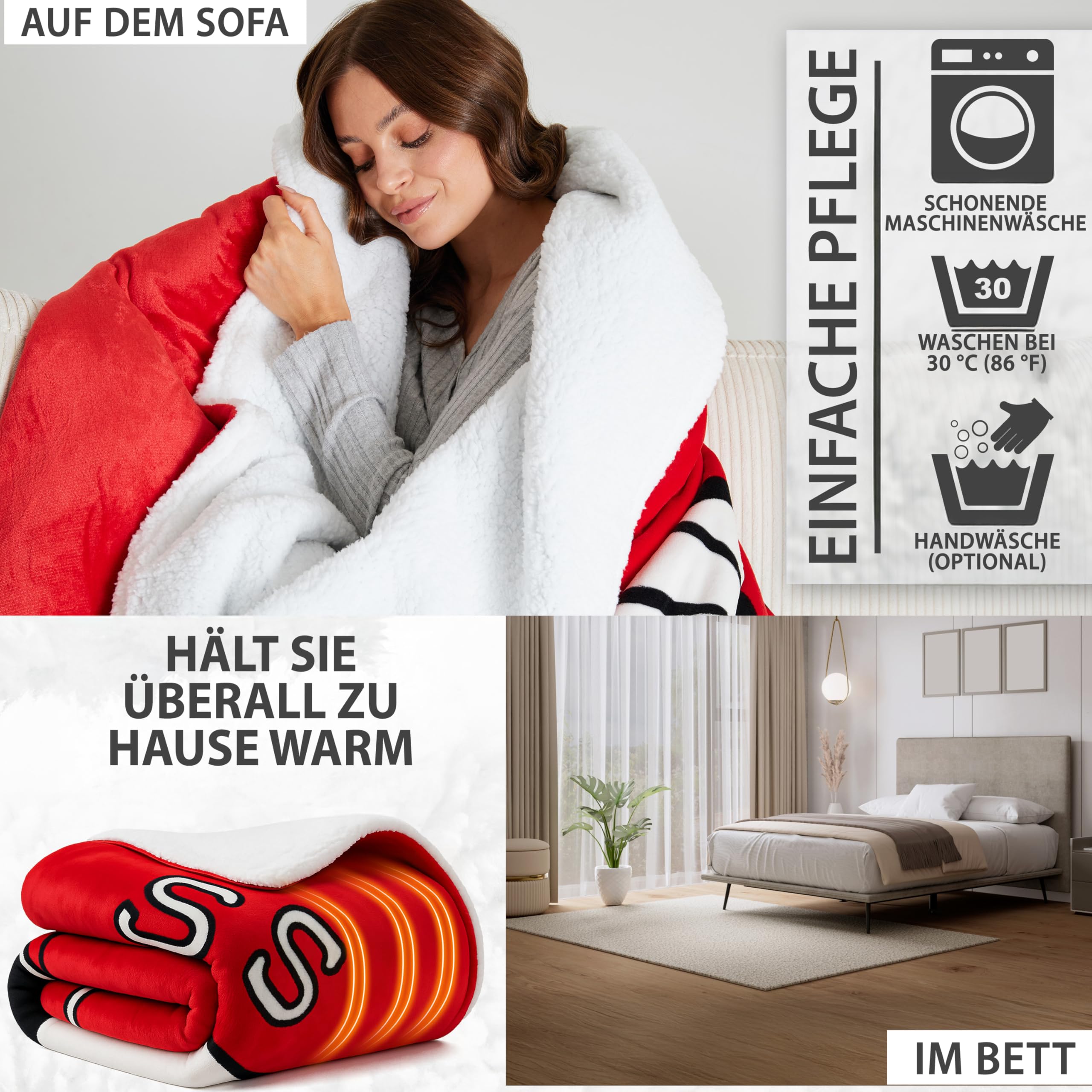 Peanuts Snoopy Heizdecke Kingsize, Weiche Sherpa Fleecedecke 230x265cm, 9 Heizstufen, 12-Stunden-Abschaltautomatik, Warme Kuscheldecke Geschenk (Rot Snoopy, König EU)