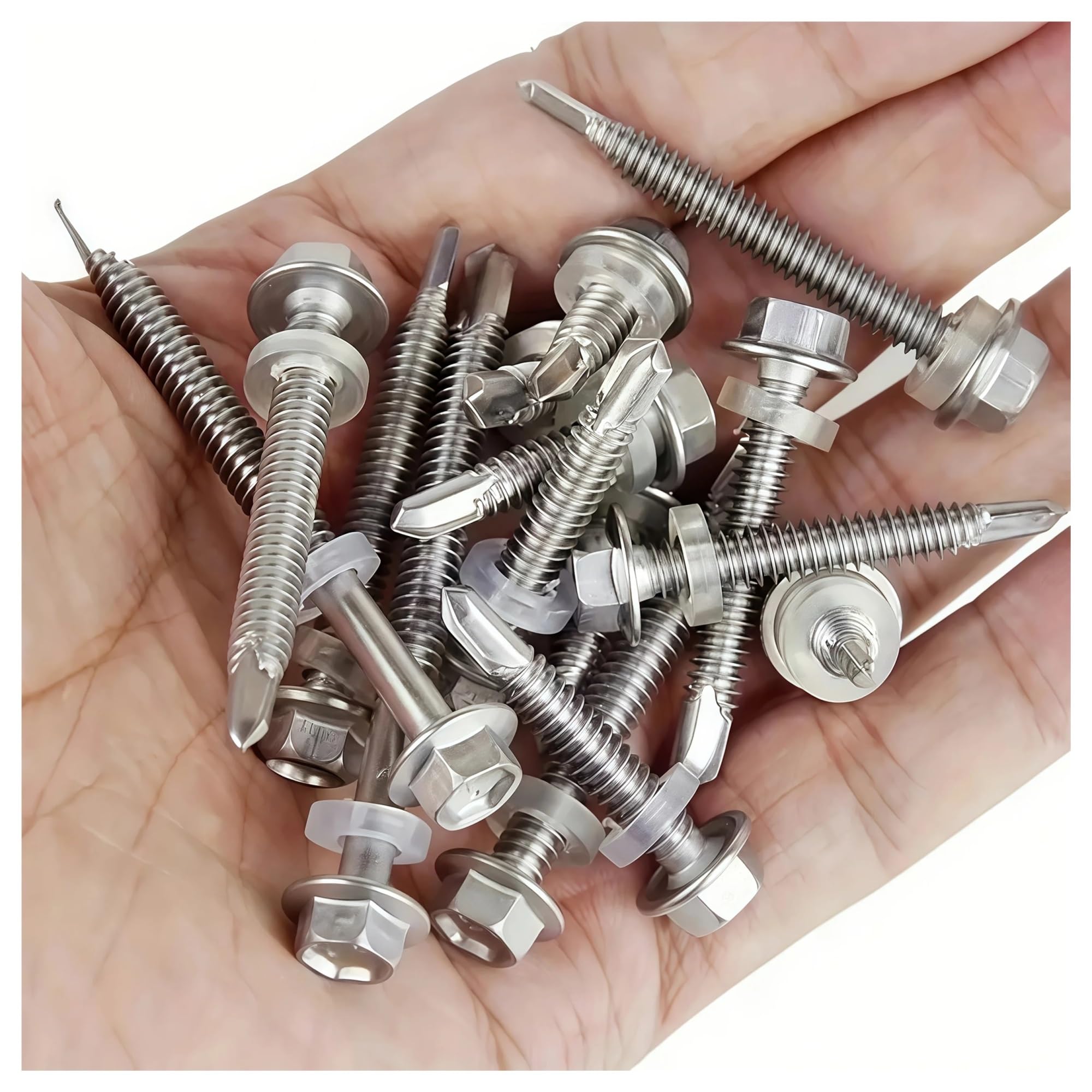 100 Uds 410 tornillos autorroscantes TEK con cabeza de arandela hexagonal magnética acero inoxidable enchufes gratis-rosca gruesa 5mm, R completa(100 pcs 50mm(2in))
