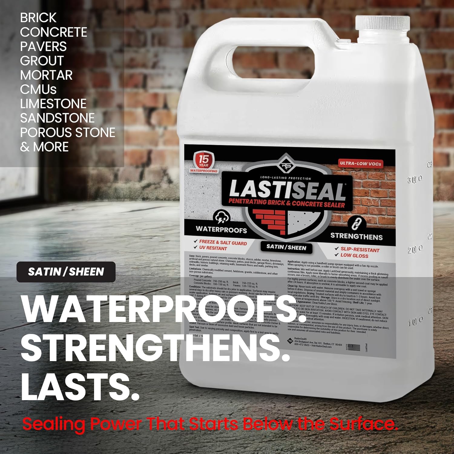 LastiSeal Penetrating Brick & Concrete Sealer, Satin Finish (2.5 Gallon) – Water-Based Masonry Sealer for Brick, Concrete, Pavers, Porous Stone & Block – Long-Lasting Protection