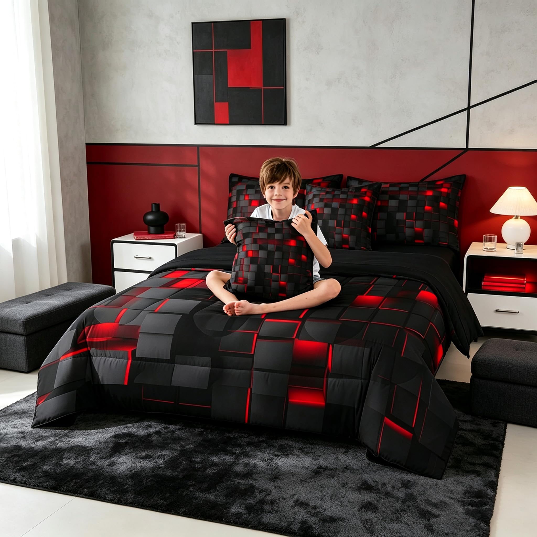 Feelyou Red & Black Geometric Bedding Set -4