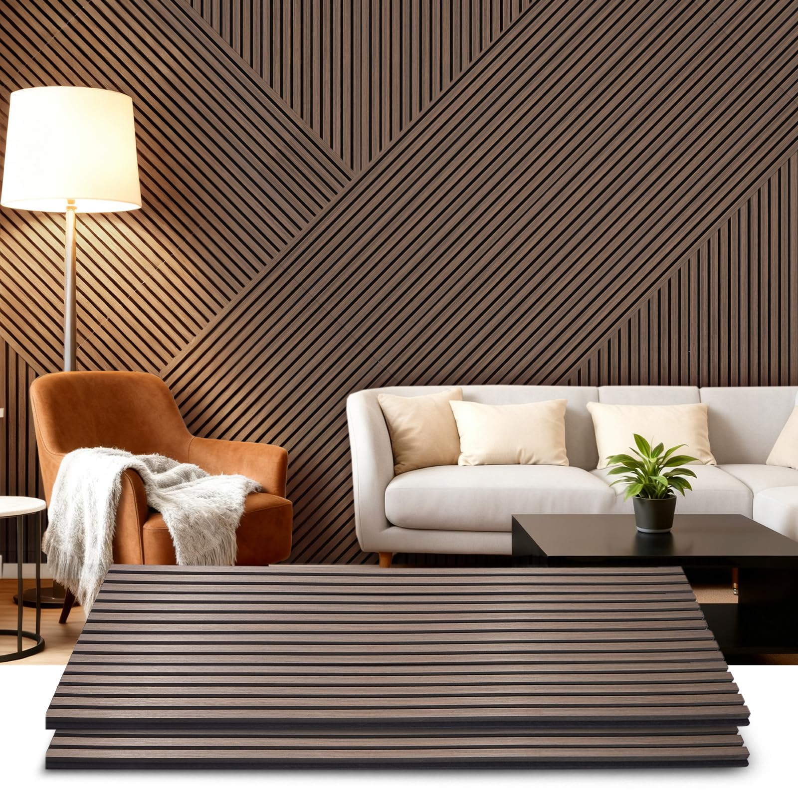 Acoustic Wood Slat Panels 2 Pack 47.6" x 23.6", Soundproof Wooden Wall Panels, 3D Fluted Panel for Interior Wall Decor, Living Room, Bedroom - Walnut (Cover Approx. 16 sq.ft)