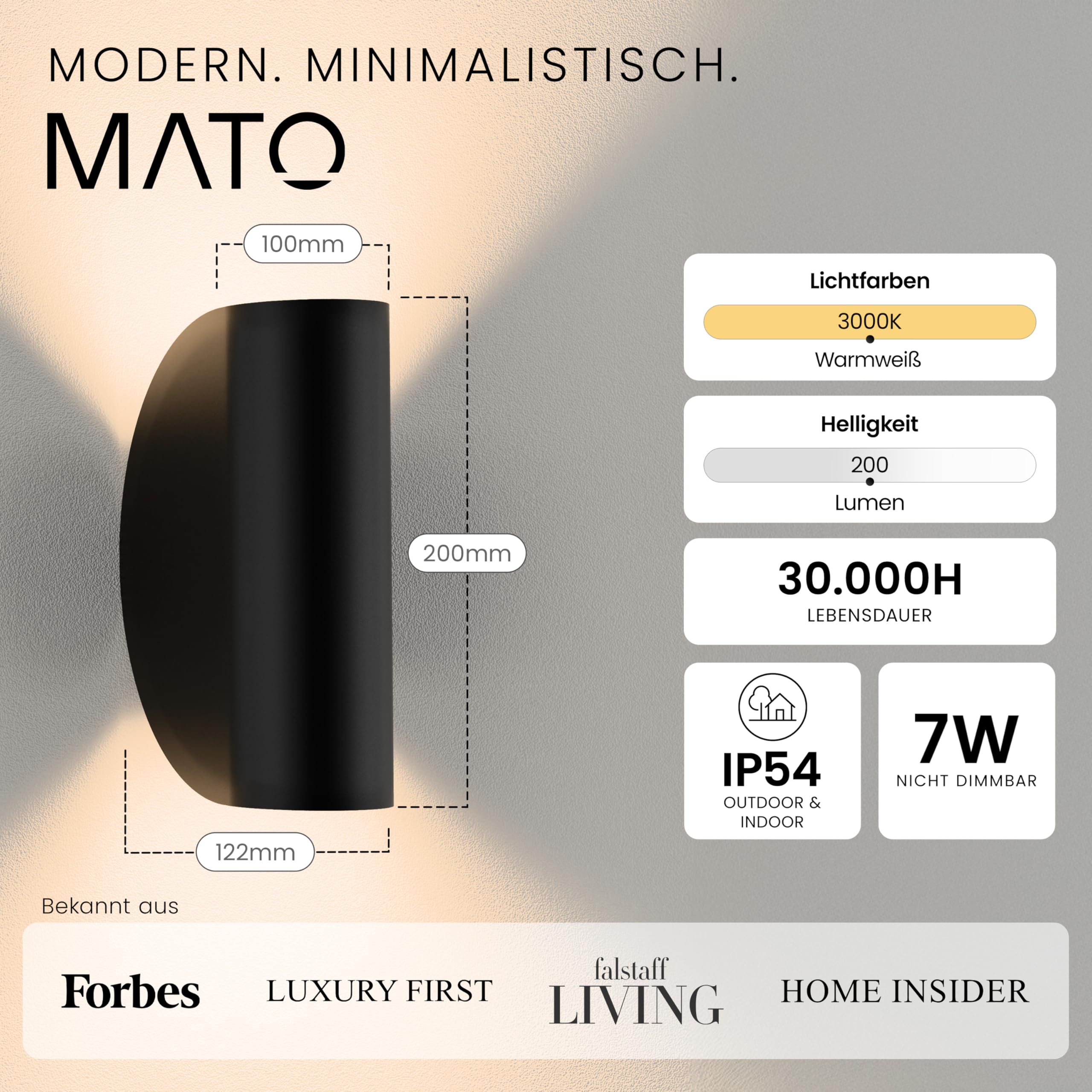 MATO LED Wandleuchte Innen & Aussen - 7W, 3000K Warmweiß, IP54 Wetterfest - Aussenlampe Wand Up Down Leuchte - Außenwandleuchten, Außenlampe, Wandlampe Außen, Außenbeleuchtung, Lampe, Schwarz